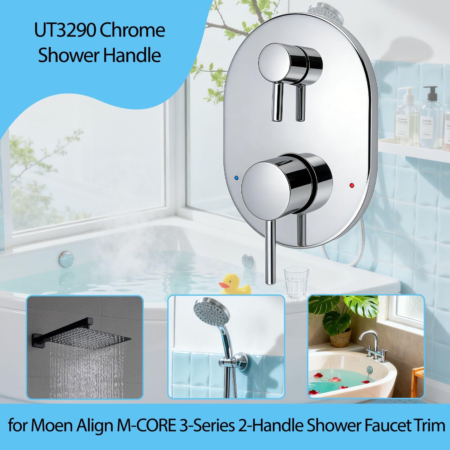 UT3290 Chrome Shower Valve Trim Kit for Moen Align M-CORE 3-Series 2-Handle Shower Faucet Trim, Shower Handle Trim Includes 1213 Cartridge for Moen U232 U362 M-CORE Mixing Valve, Valve Required