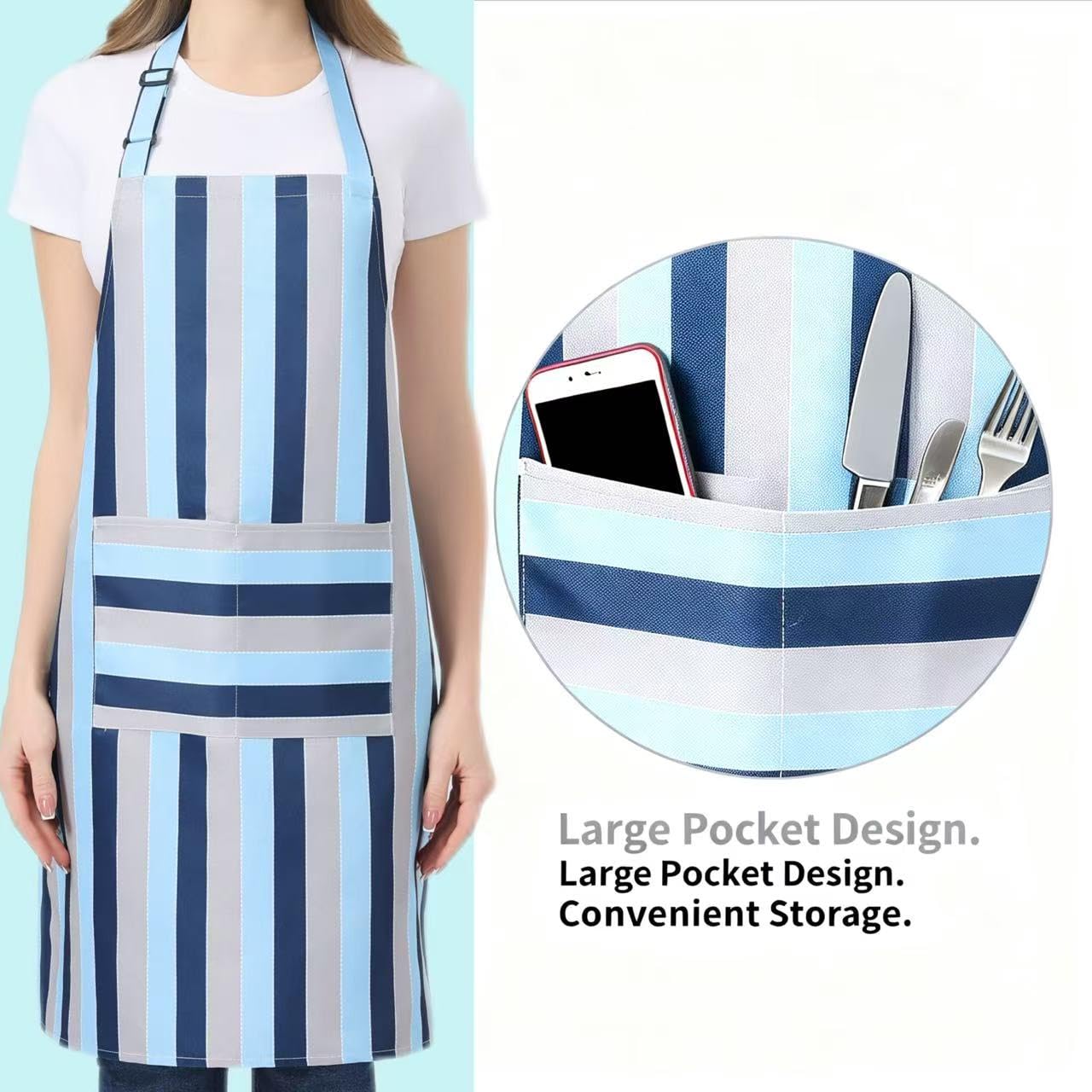 juningxin 2-piece kitchen aprons, adjustable neck strap waterproof aprons with pocket design, blue and pink striped chef aprons suitable for grilling, baking, and restaurant work