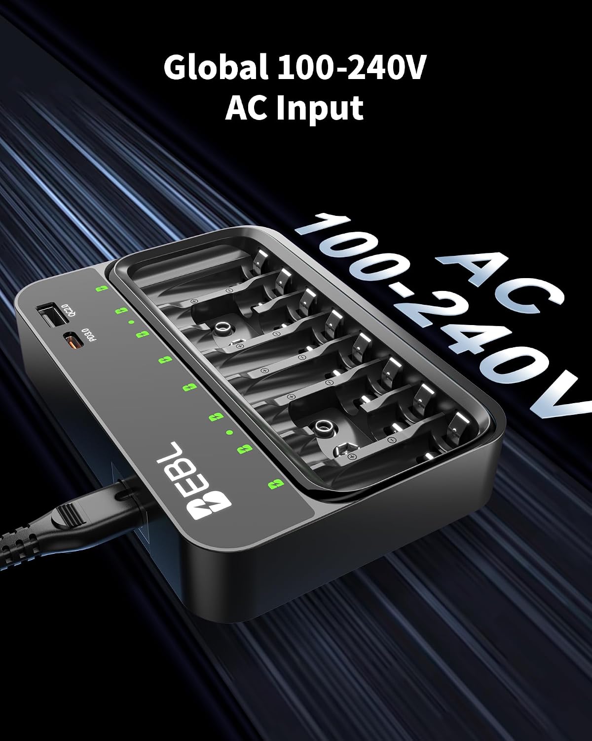 EBL 20W 9V PD3.0 PD AA AAA Battery Charger for NiMH NiCD Rechargeable Battery| USB C & Micro USB