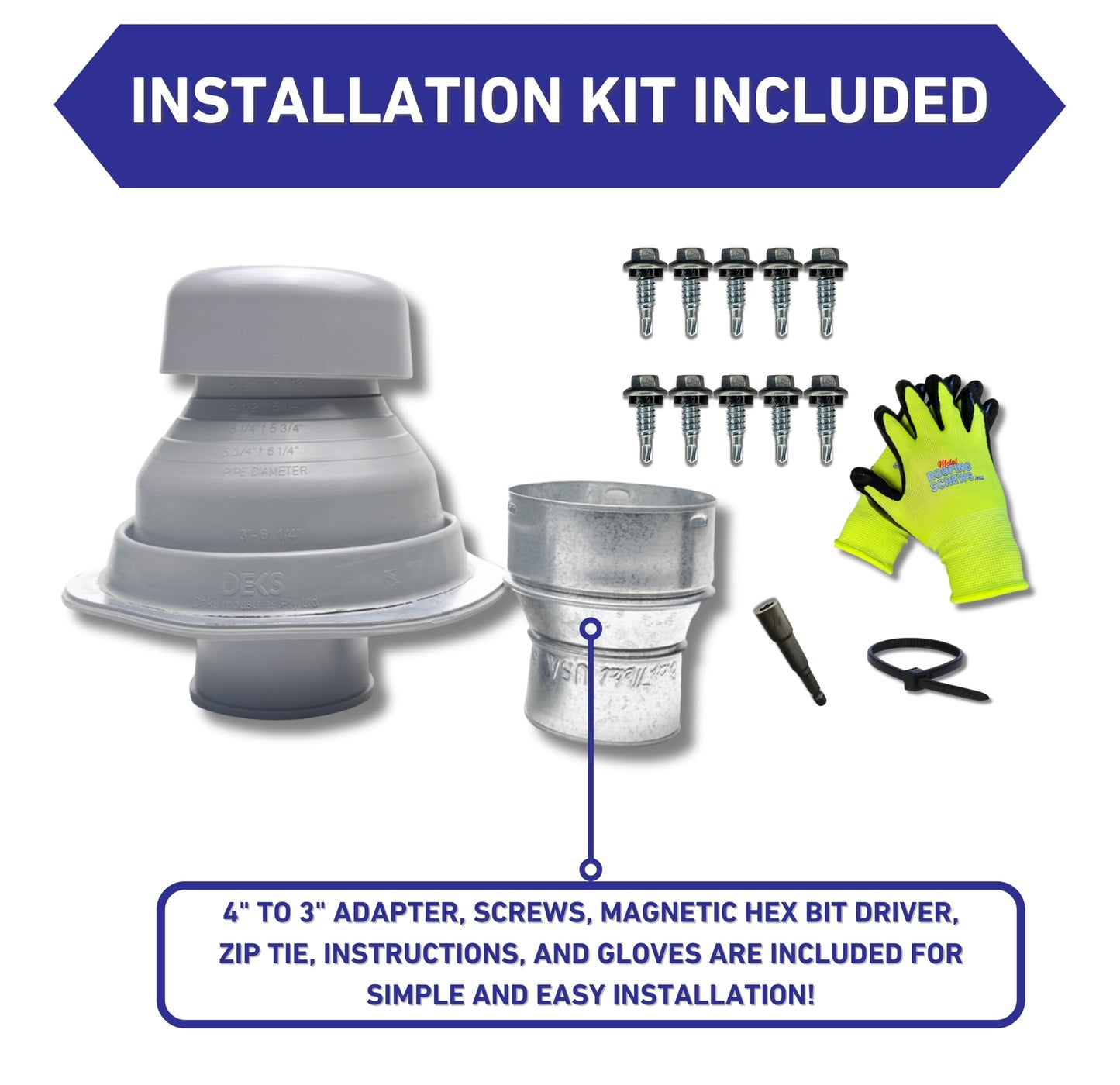 Covent Metal Roof Exhaust Fan Vent for 3"-4" Flex Hose Exhaust - Full Installation Kit and Adapter Included (Black)