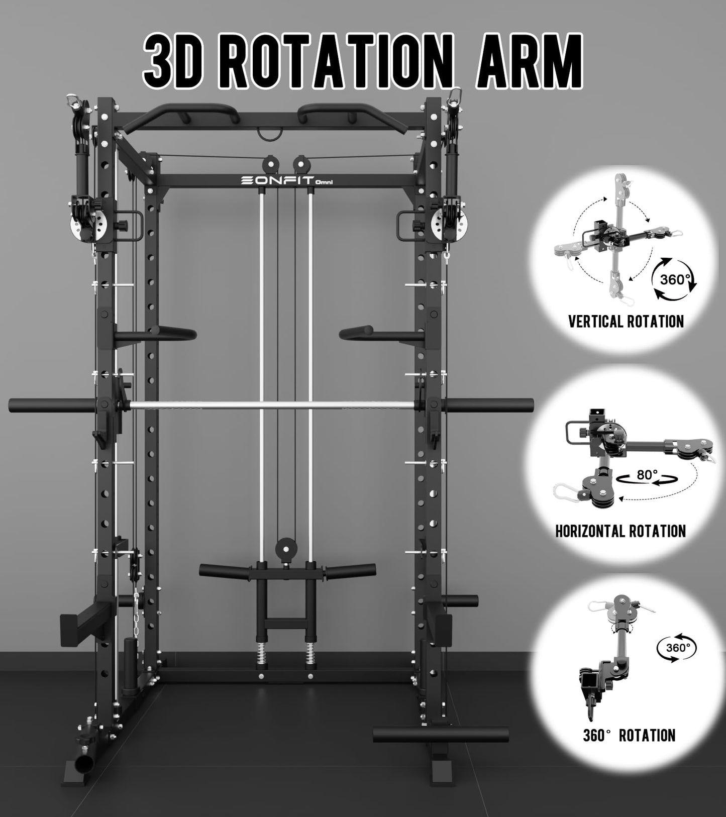 Eonfit E3 Smith Machine with 3D Rotating Arm for Home Gym Equipment, Multi-Function Power Cage Squat Rack with Cable Crossover LAT Pulldown Pulley System All in One (Black, PRO)