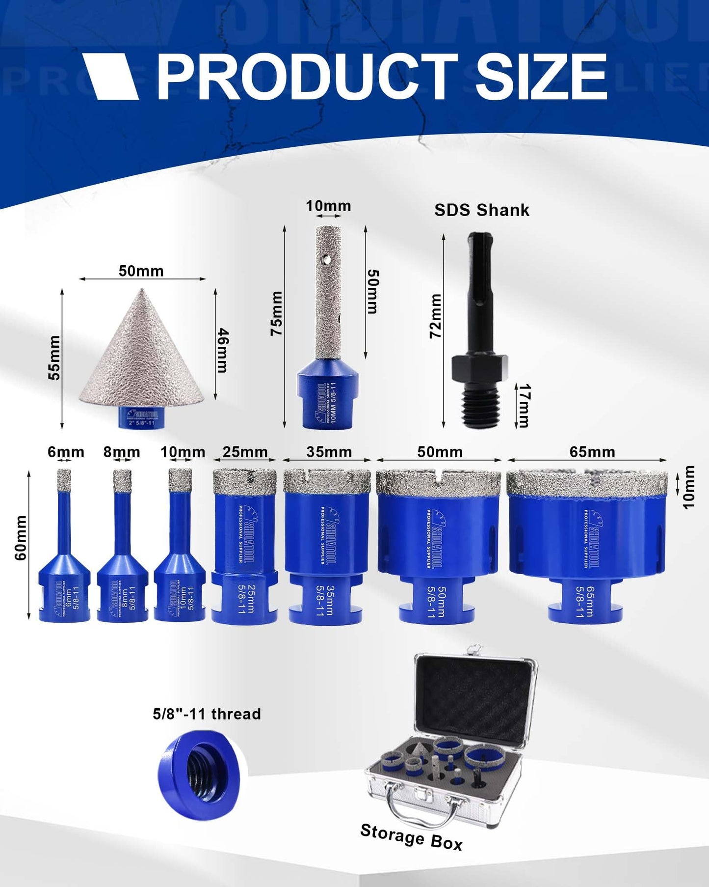 SHDIATOOL Diamond Drilling Core Bits Set Chamfer Bits for Porcelain Tile Marble Ceramic Granite Milling Kit 5/8"-11 10pieces