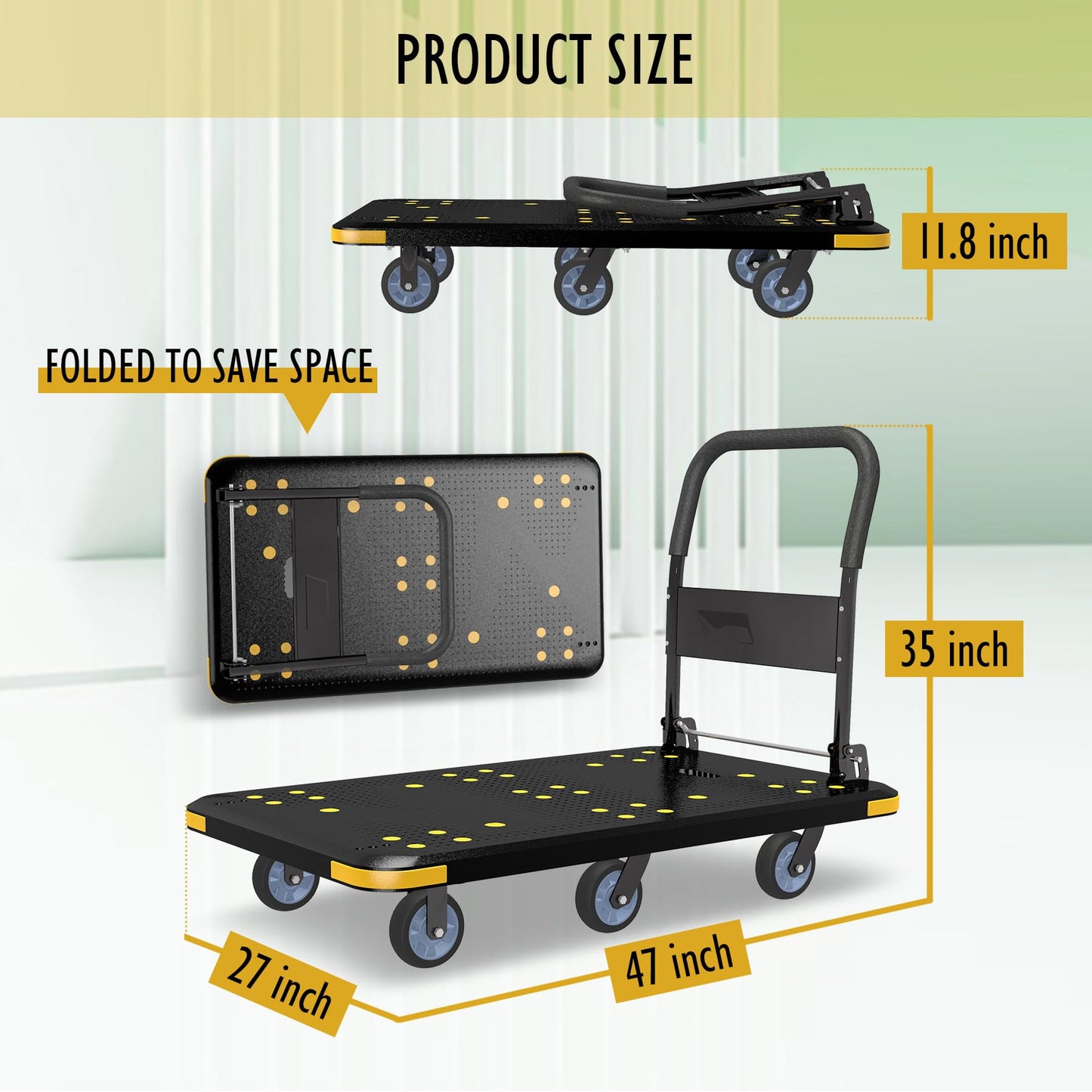 Heavy-Duty Foldable Platform Cart with 6 Wheels & 2000LB Capacity - 360° Swivel & Fixed Casters, Collapsible Push Cart Dolly Black Plastic Trolley, 5" Wheels, Spare Tire & Anti-Collision Corners