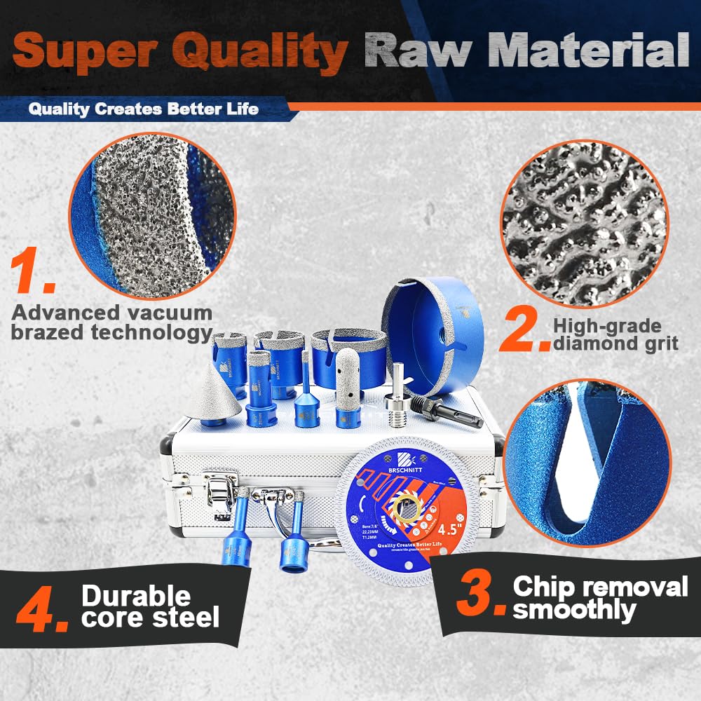 Diamond Core Drill Bit Set - BRSCHNITTTile Hole Saw Kit 1/4" 5/16" 3/8" 4/5" 1-3/8"2" 3" 4 1/2"& 4/5" Finger Bit&2" Chamfer Bit for Porcelain Tile Ceramic Marble Granite&Diamond Blade