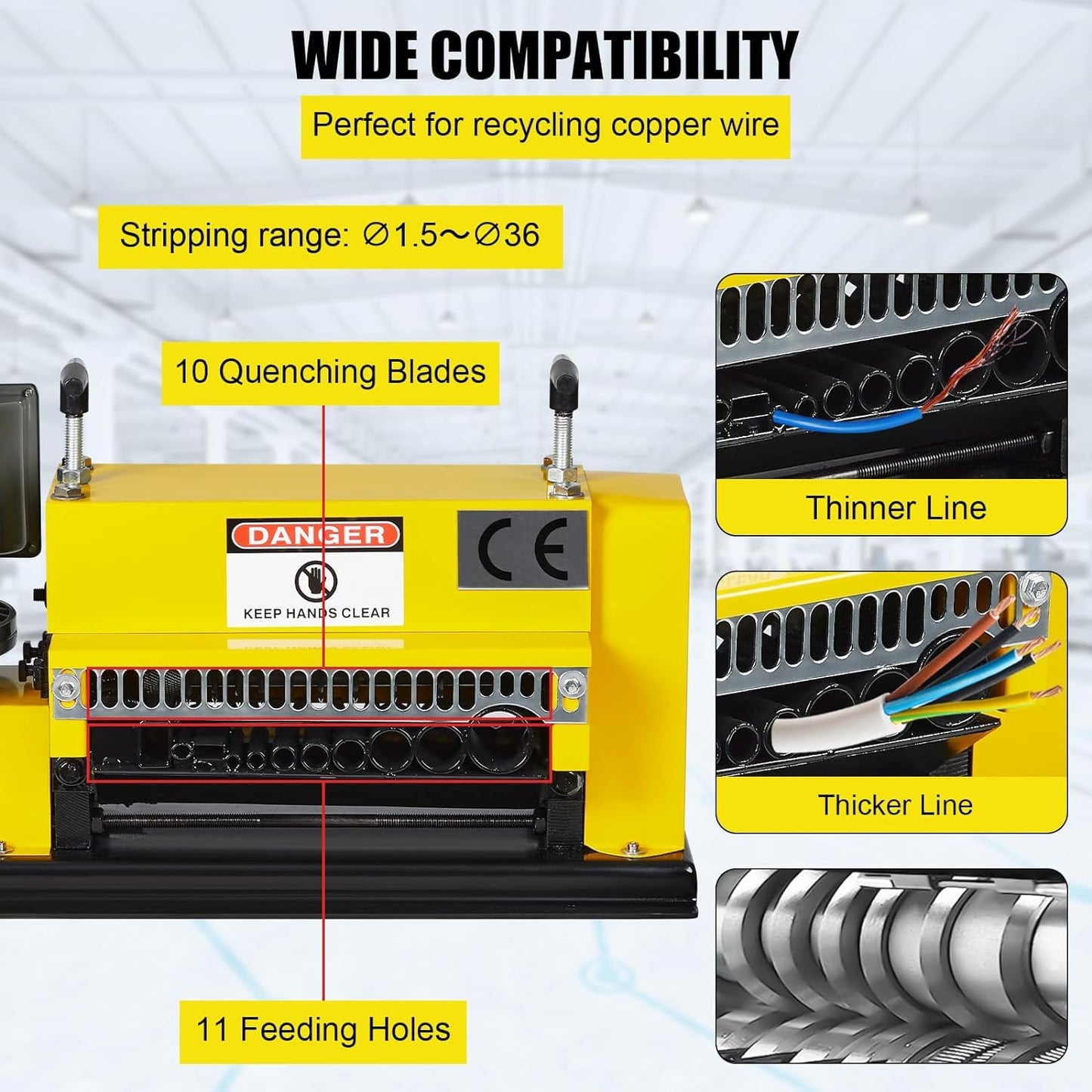 CHEINAUTO Wire Stripping Machine 0.06 inch -1.5 inch, 370w Portable Powered Wire Stripper Machine, 11 Channels 10 Blades & 65ft/minute, Automatic Wire Stripping Tool for Recycling Copper Wire