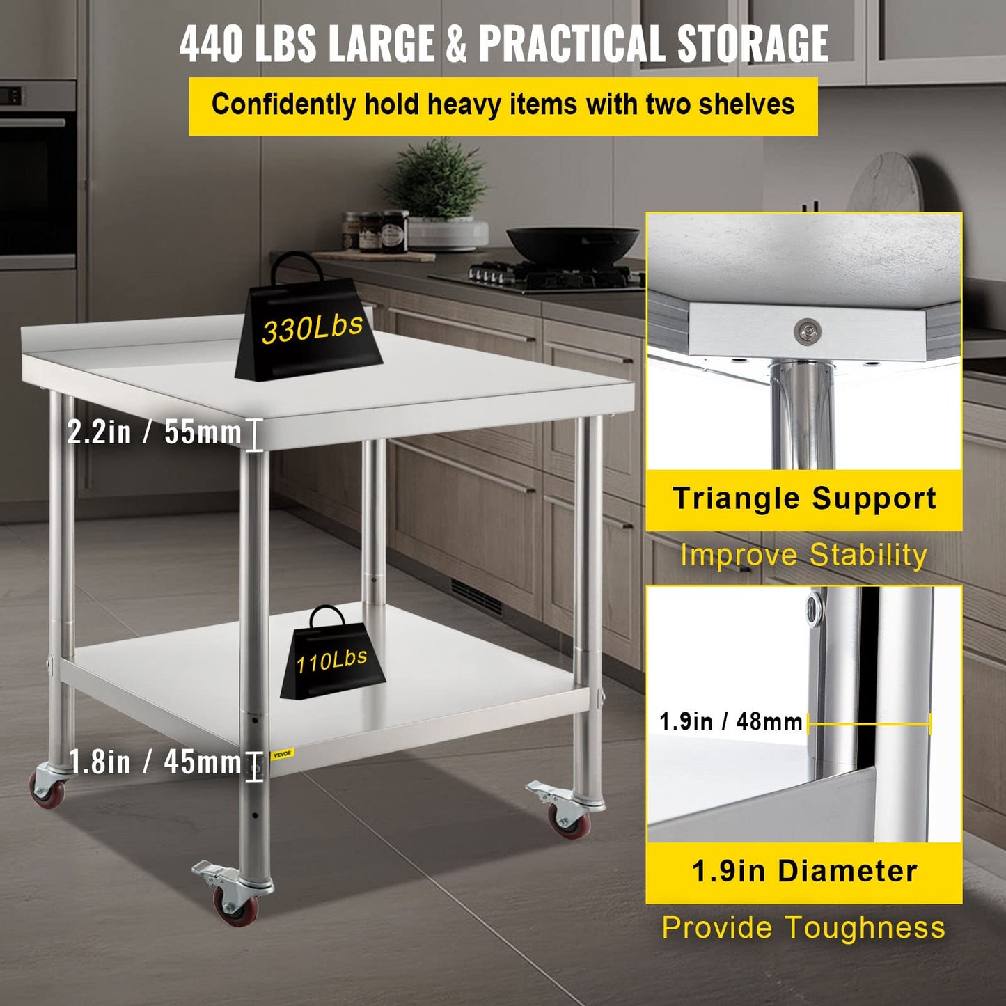 VEVOR Stainless Steel Prep Table, 36 x 24 x 35 Inch, 440lbs Load Capacity Heavy Duty Metal Worktable with Backsplash Adjustable Undershelf & 4 Casters, Commercial Workstation for Kitchen Restaurant