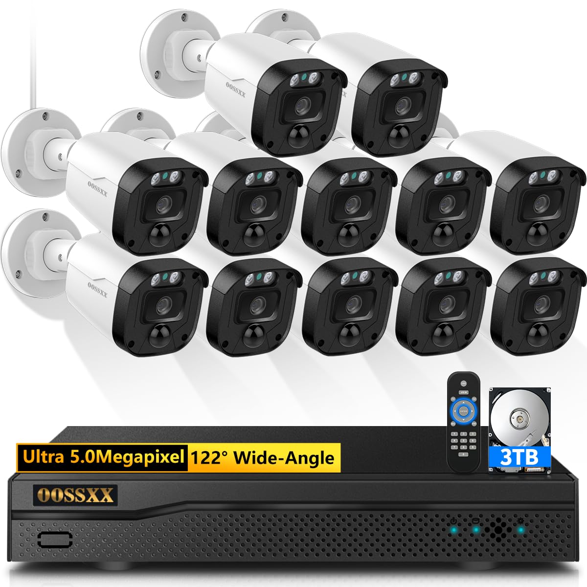 (2026 Update) 5MP Wired Security Camera System Outdoor, 16CH DVR with 12 x 122° Wide Angle Home Surveillance Cameras, IP67 Waterproof, Free App No Monthly Fee, Remote Control, 65ft Night Vision