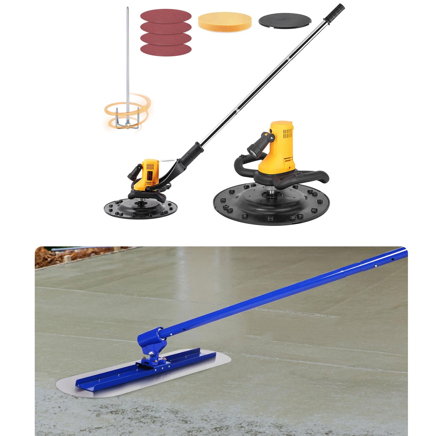 "Meticuloso Concrete Trowel with Extension Rod, Concrete Mixer, Wall Smoothing Polishing Machine and Bull Float, 48''x12'' Concrete Float, Stainless Steel Concrete Bull Float Kit"