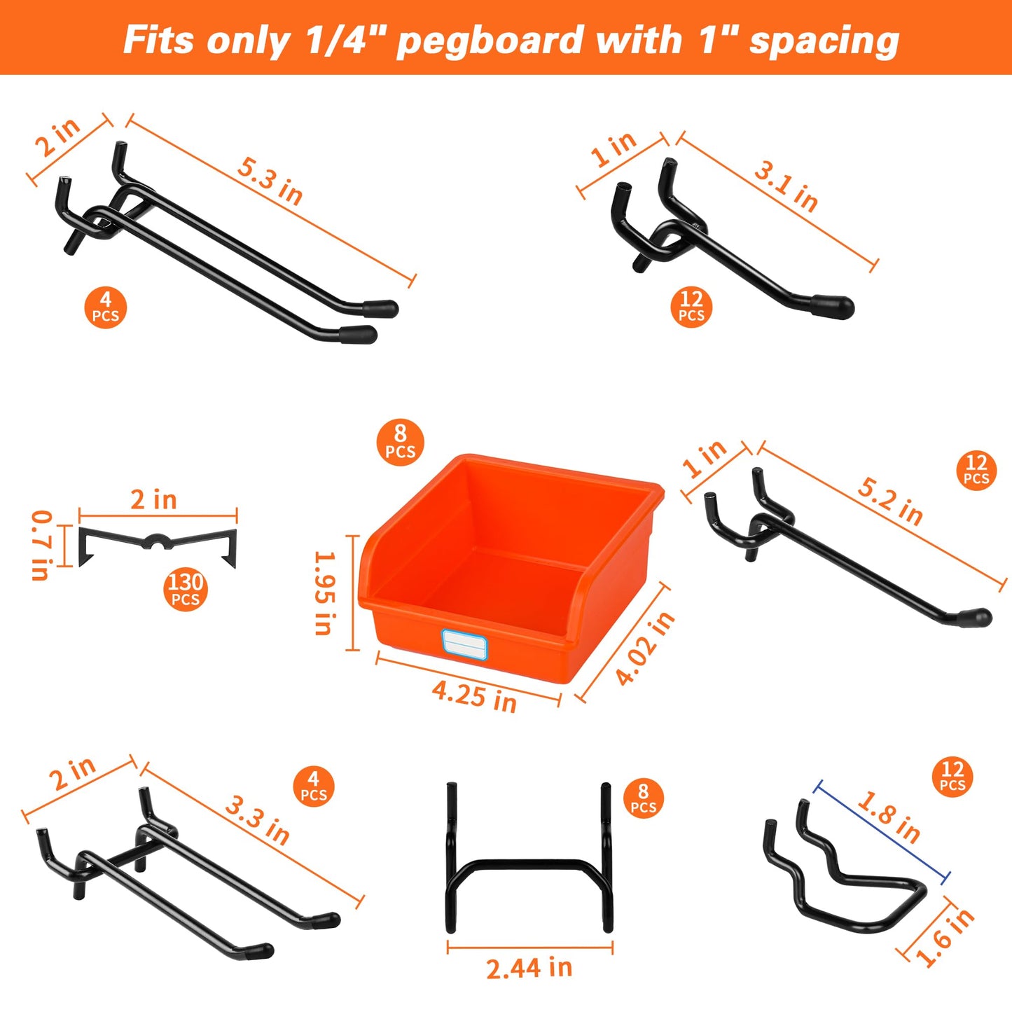 Hogurity 296 PCS Extra Thick 0.2'' Pegboard Hooks for 1/4" Peg Board Hanging Tools, Heavy Duty Metal Black Pegboard Accessories with Pegboard Bins and Peg Locks for Garage Organization