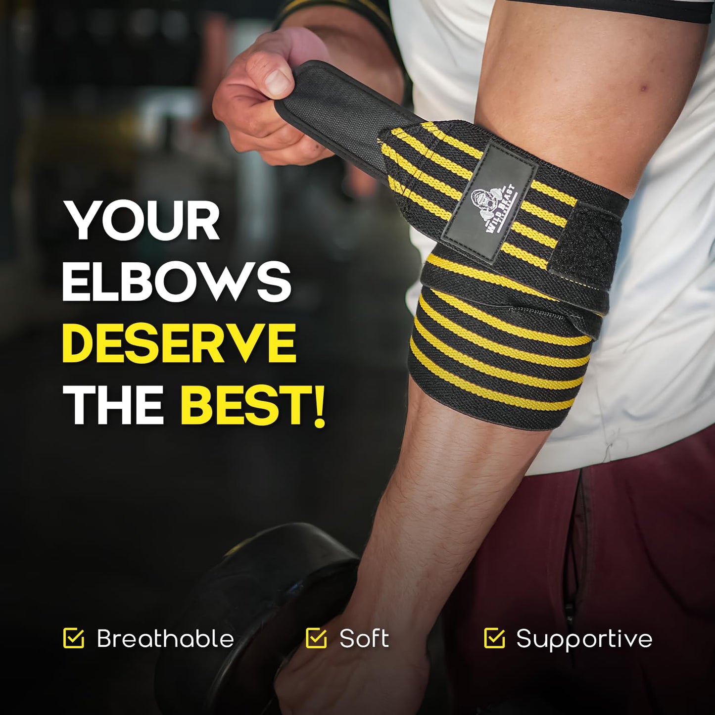Elbow Wraps for Weightlifting (Pair), Stretchable & Breathable 41" Elbow Compression Strap, Weightlifting Straps for Bench Press, Supports Powerlifting, Pressing, Elbow Straps for Gym Accessories for Men (Yellow)
