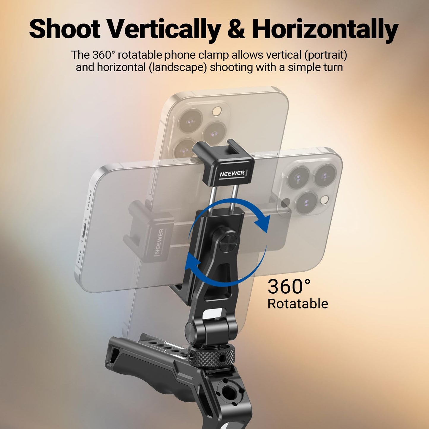 NEEWER Metal Phone Tripod Mount with Cold Shoes, 1/4" Thread, 180° Tilt, 360° Rotation, Adjustable Phone Clamp Holder Compatible with iPhone 17 Pro Max 16 15 Samsung S25 S24 Ultra Camera Cage, GA010
