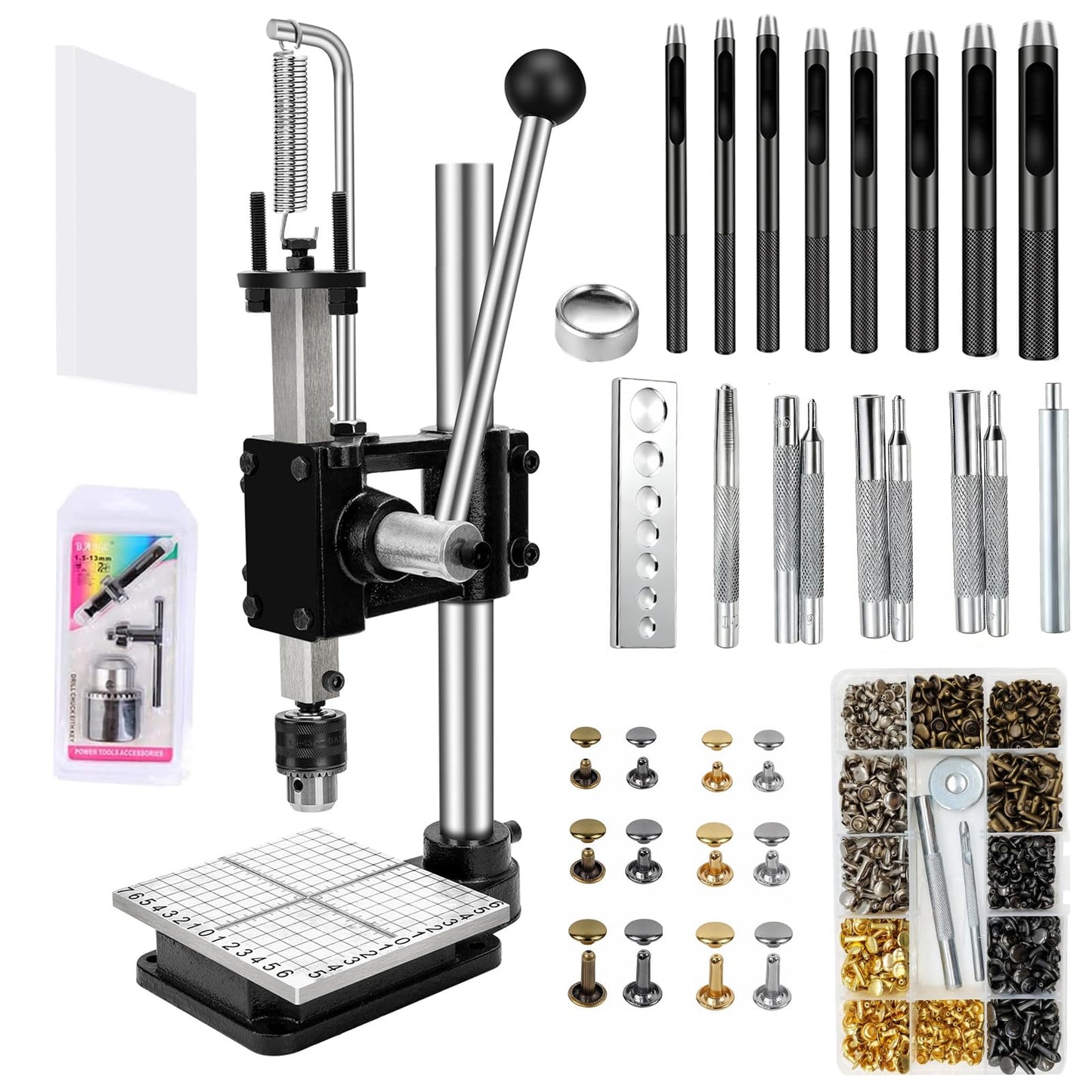Leather Press Machine,Hole Puncher Hand Punching Machine with 21pcs Punch Tool Include Rivet Setter, Snap kit Tool and 480pcs Rivets | Stainless Steel Pillar | Punch Puller for DIY Leather Craft