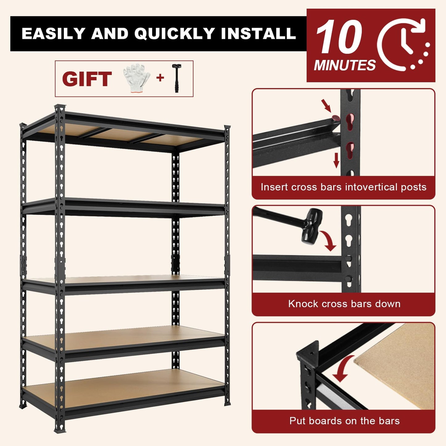 Big RED 5 Tier Heavy Duty Garage Storage Shelving: Adjustable Metal Utility Shelving Rack for Garage, Basement, Pantry, Closet - 3,000lb Capacity (72"x48"x24") Black