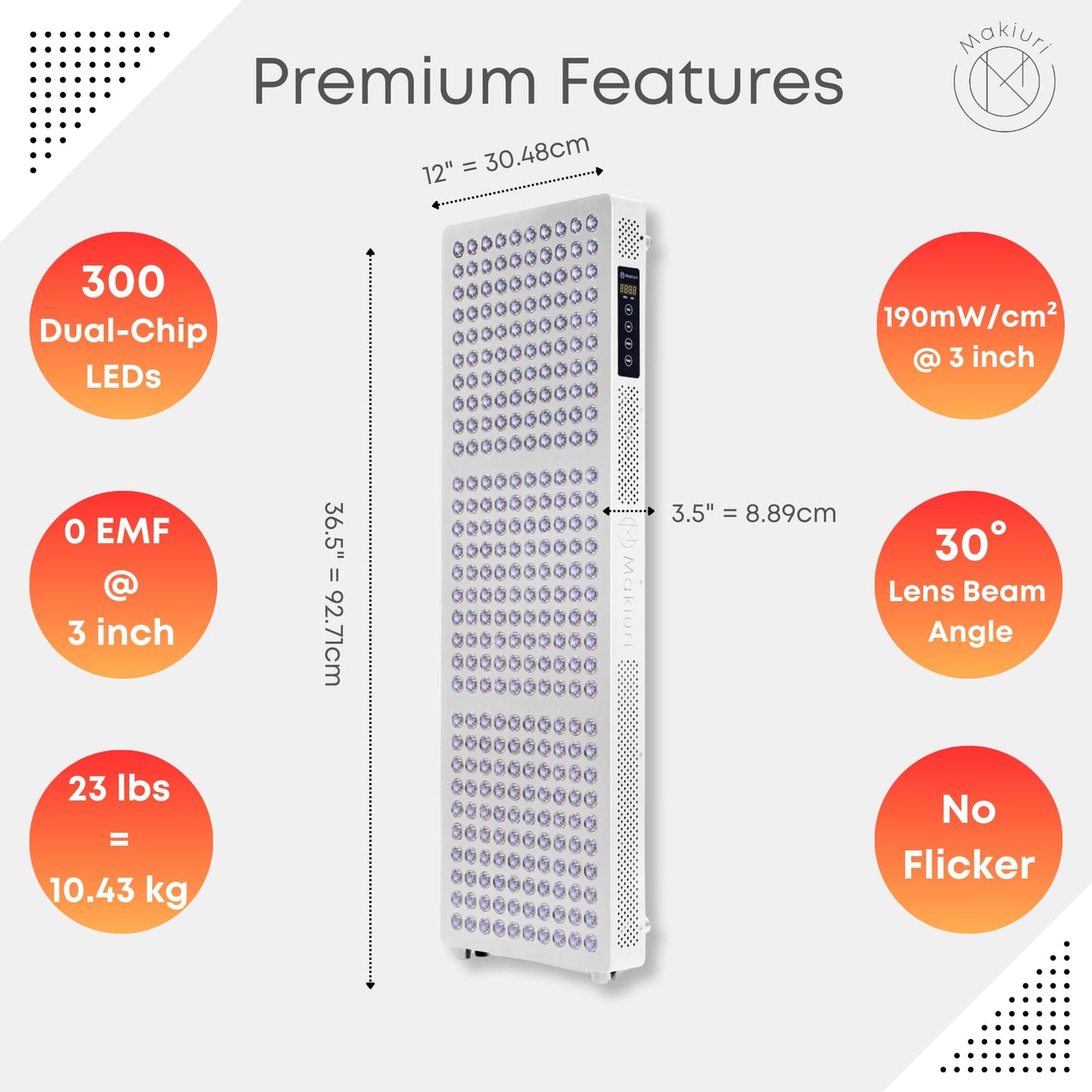 Makiuri Red Light Therapy Panel for Full Body | 630 nm, 660nm, 810nm, 830nm, 850nm | Clinical Grade Red & Near-Infrared LED Light Therapy (5 Wavelengths) | High Irradiance | Neptune (White 300 LED)
