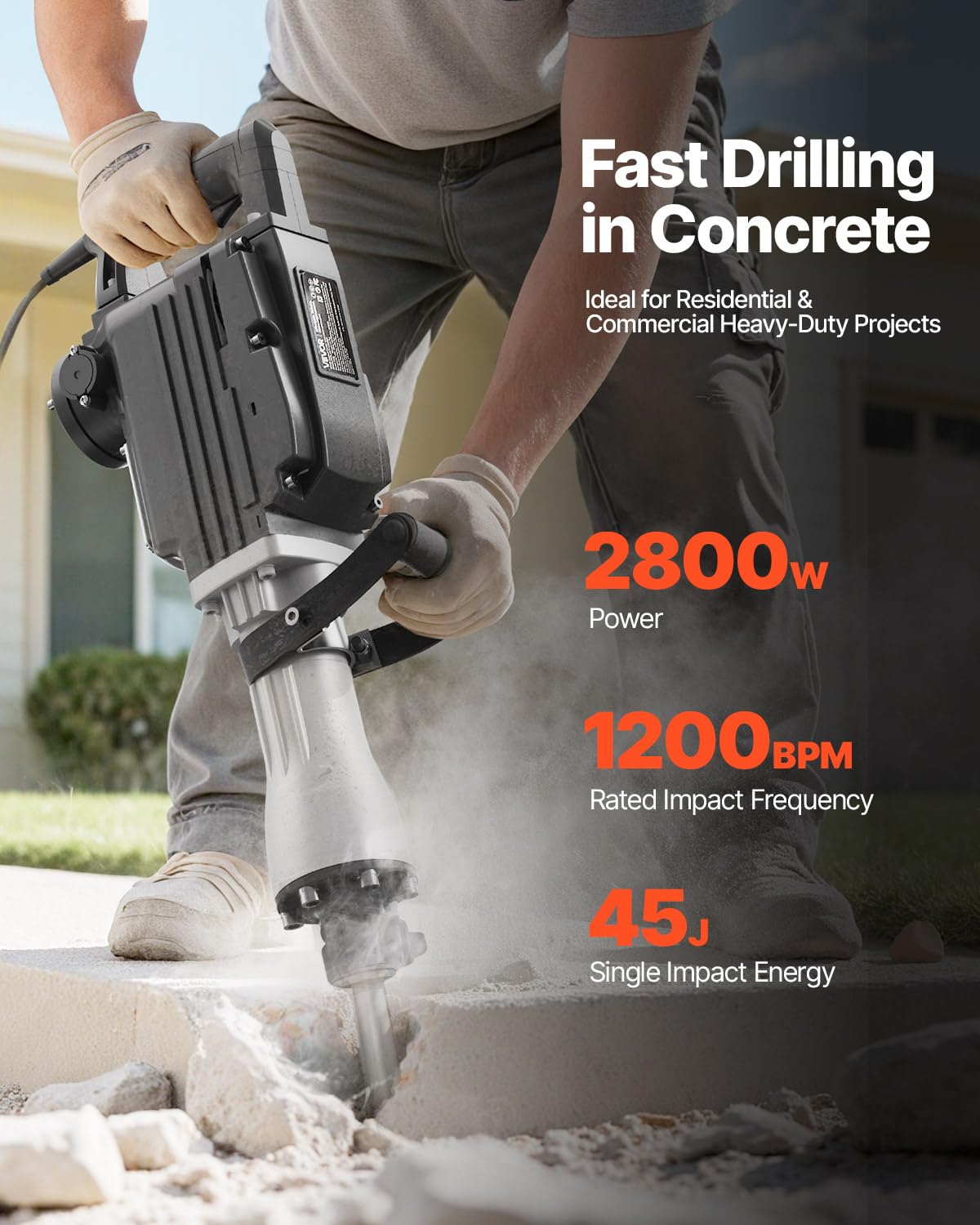 VEVOR Demolition Jack Hammer, 2800 W Powerful Electric Jackhammer, 1200 BPM Concrete Breaker with 3 Chisels, a Clay Spade, Carrying Case, Gloves, for Concrete, Wall, Brick, Tile and Foundation
