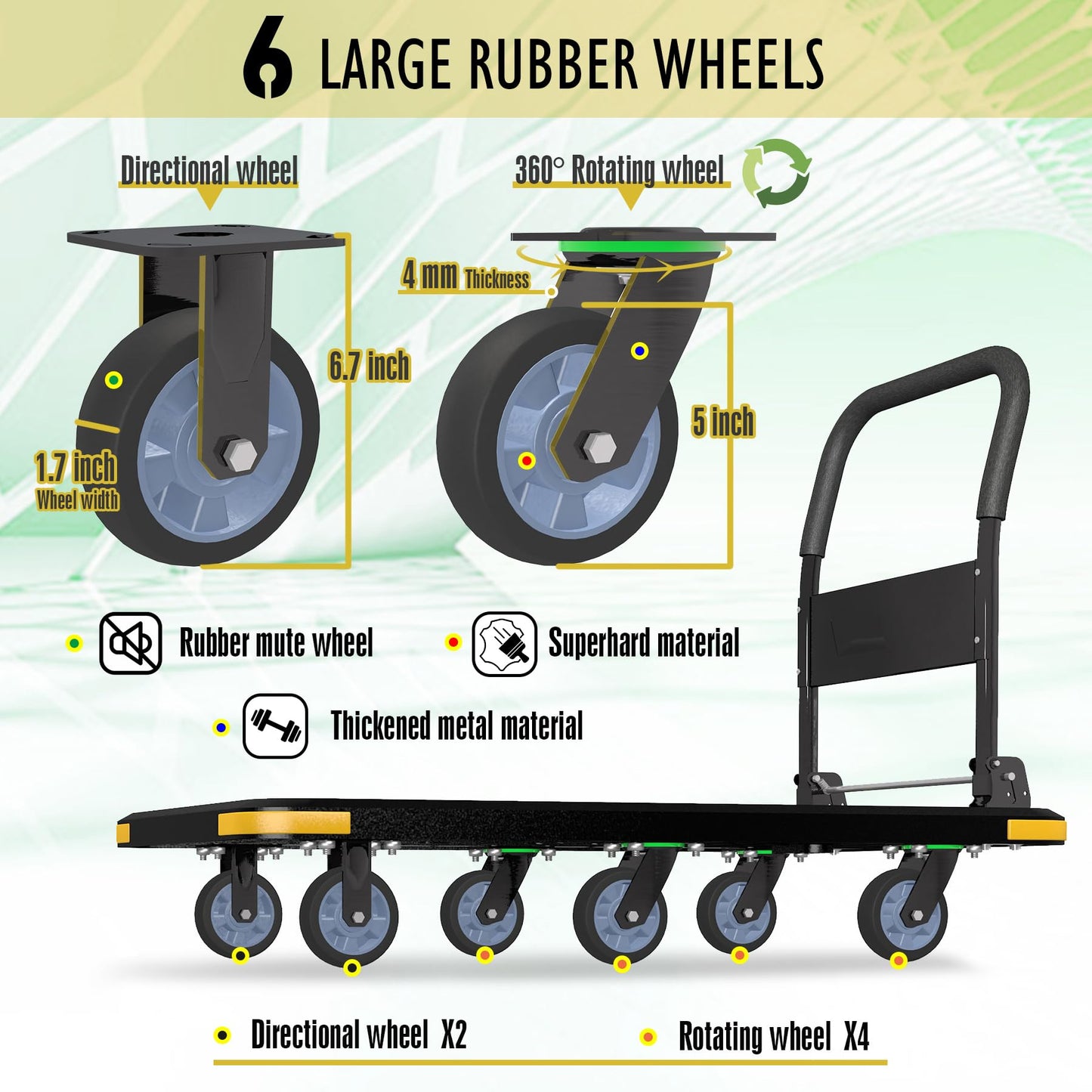 Heavy-Duty Foldable Platform Cart with 6 Wheels & 2000LB Capacity - 360° Swivel & Fixed Casters, Collapsible Push Cart Dolly Black Plastic Trolley, 5" Wheels, Spare Tire & Anti-Collision Corners