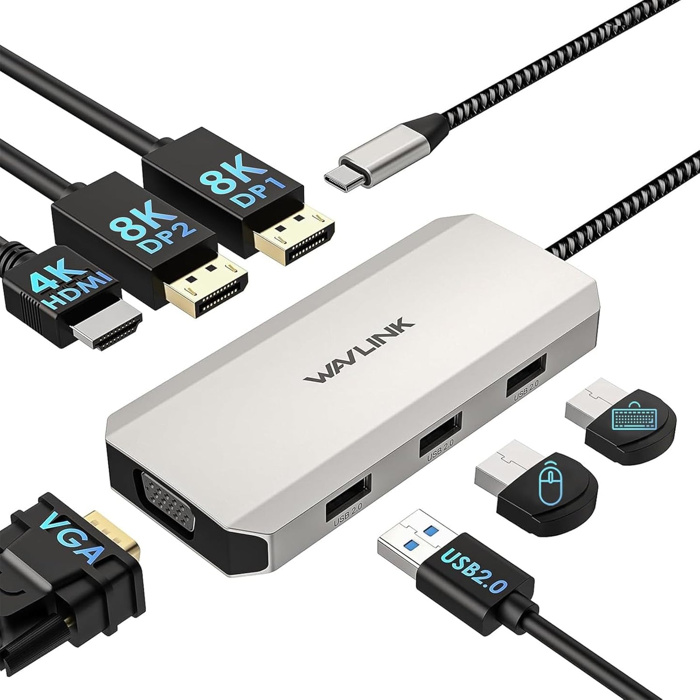 WAVLINK USB2.0 USB C Docking Station Dual DP Monitor, Displayport Docking Station with Dual DP, HDMI, VGA, Ports