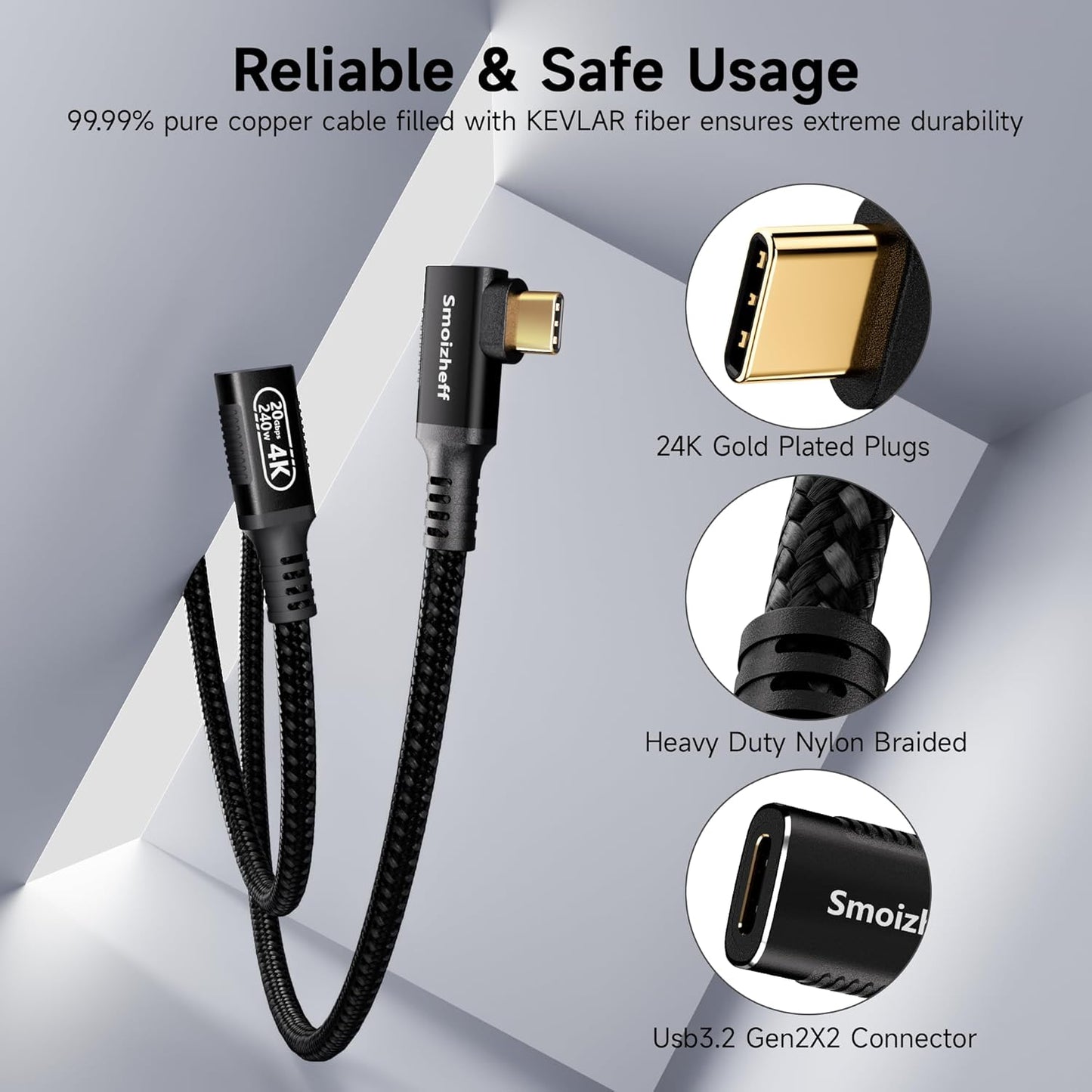 Smoizheff 16.5ft/5m 90 20Gbps 3.2 2 100W 4K@60Hz USB C Extension Cable with Angle, USB Gen & PD Charging, Nylon Braided