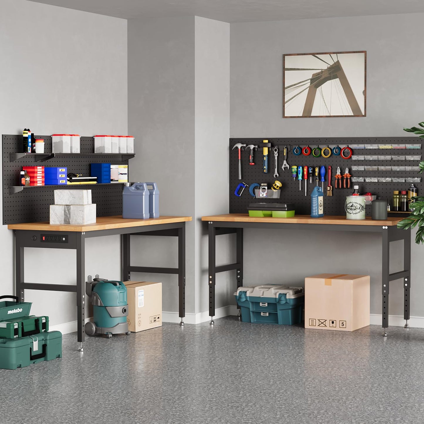 GarveeTech 48" Adjustable Height Garage Workbench, GarveeTech Max. 2000 LBS Capacity Solid Wood Work Bench Table, Heavy Duty Work Station for Garage, Shop, Home, Office
