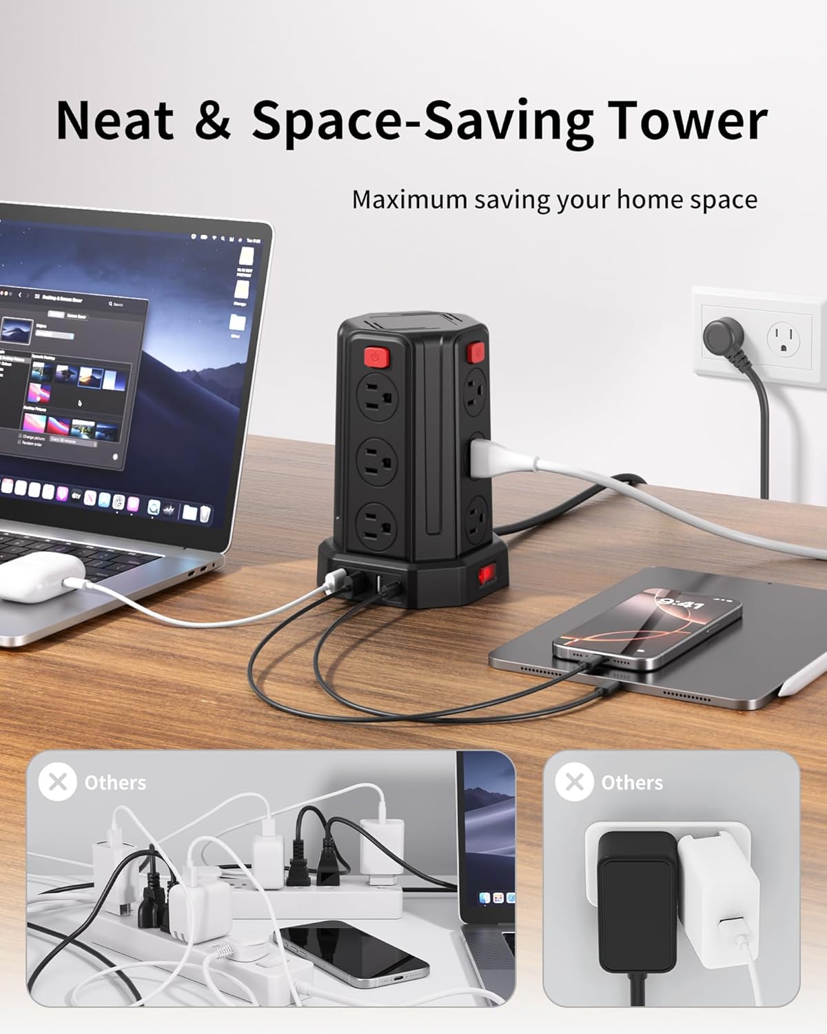 SMALLRT 6.5 12 4 (1 6.5 Power Strip Surge Protector, Ft Extension Cord with AC Multiple Outlets USB USB C), Power Tower