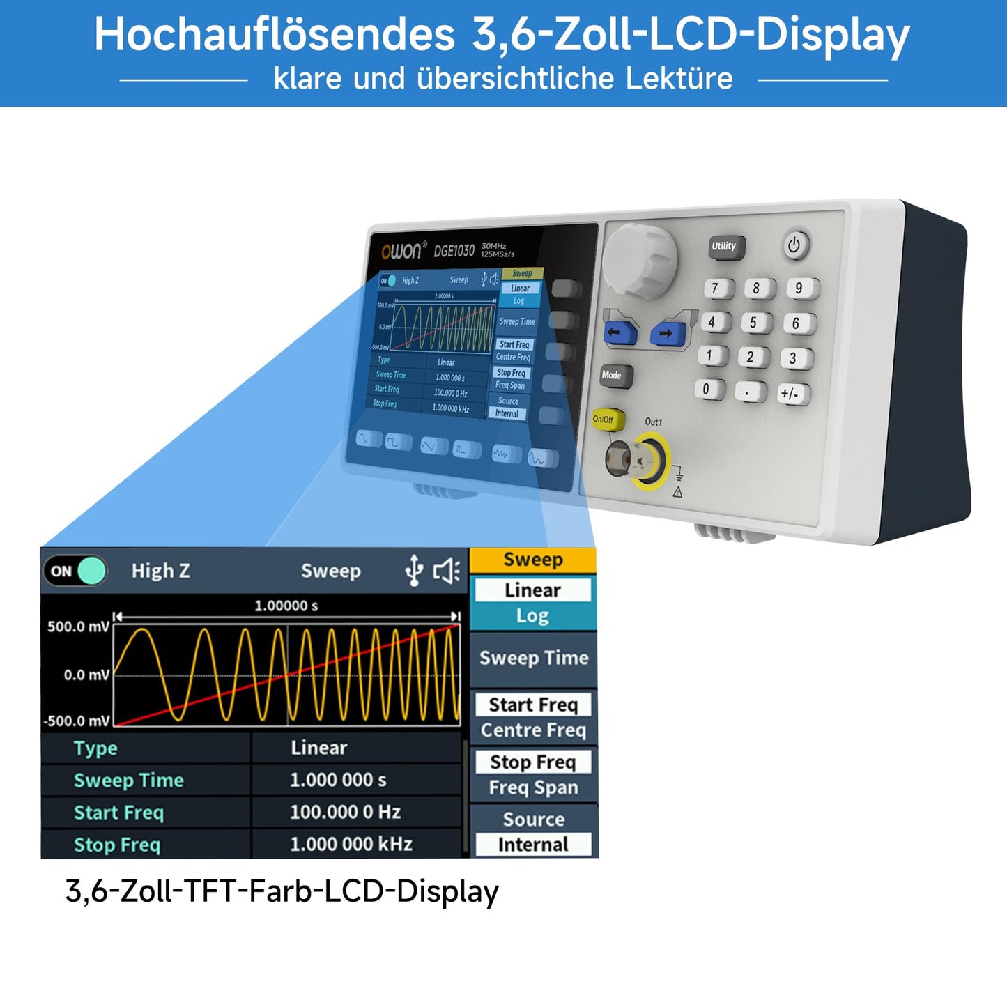 OWON Waveform Generator,30MHz Bandwidth, 125MSa/s Sampling Rate, 14 bits Vertical Resolution, 8K Waveform Length,5 Basic Waveforms, and 160 built-in Arbitrary Waveforms, with 3.6IN LCD Display DGE1030