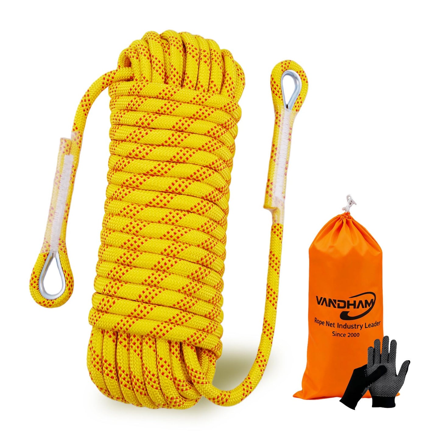 Vandham Static Climbing Rope - 12mm High Strength Arborist Rope 32FT for Outdoor Rappelling, Swing, Rigging, Tree Work, Camping - Yellow