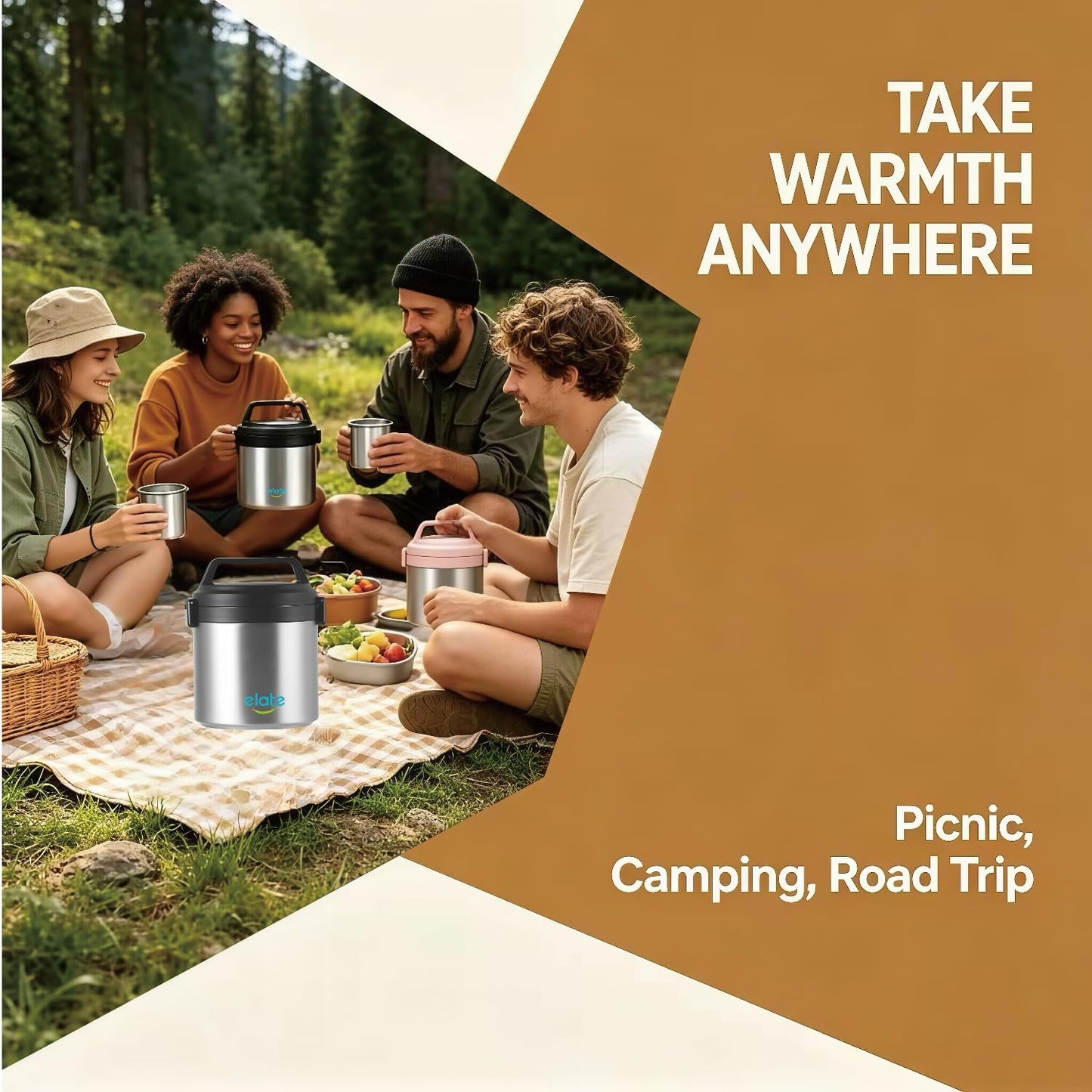 Elate 2-Quart/64oz Camp Crock Thermos for Hot/Cold Food, Wide-Mouth Thermal Container, Stainless Steel Vacuum-Insulated Jar, Portable Lunch Pot for Outdoor Adventure, Camping, Picnics, Trips, Potlucks