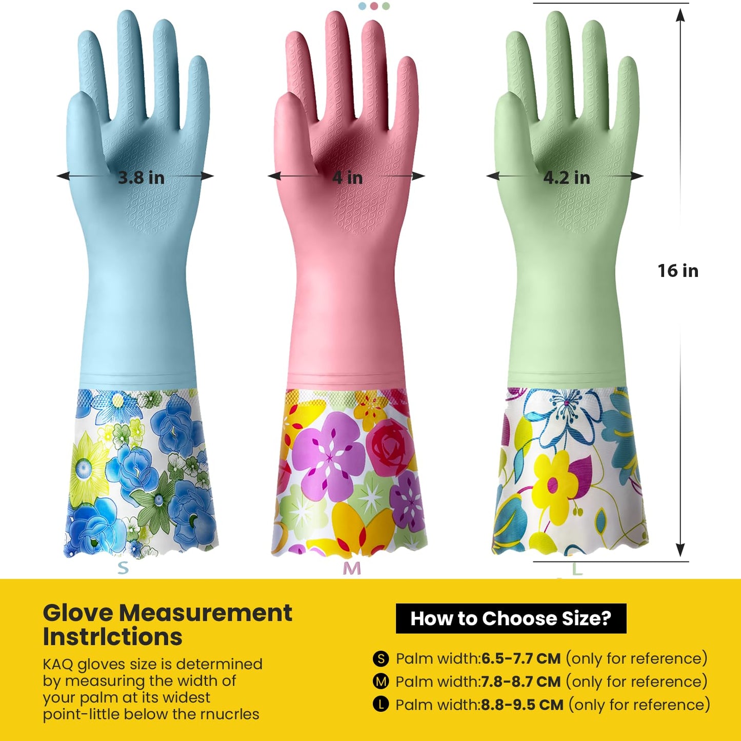 KAQ 3 Pairs Rubber Cleaning Gloves, Reusable Dishwashing Gloves for Kitchen with Cotton Liner, Long Cuff 16", Waterproof Non-Slip Household Gloves for Bleaching Bathroom, Laundry, Gardening (Large)