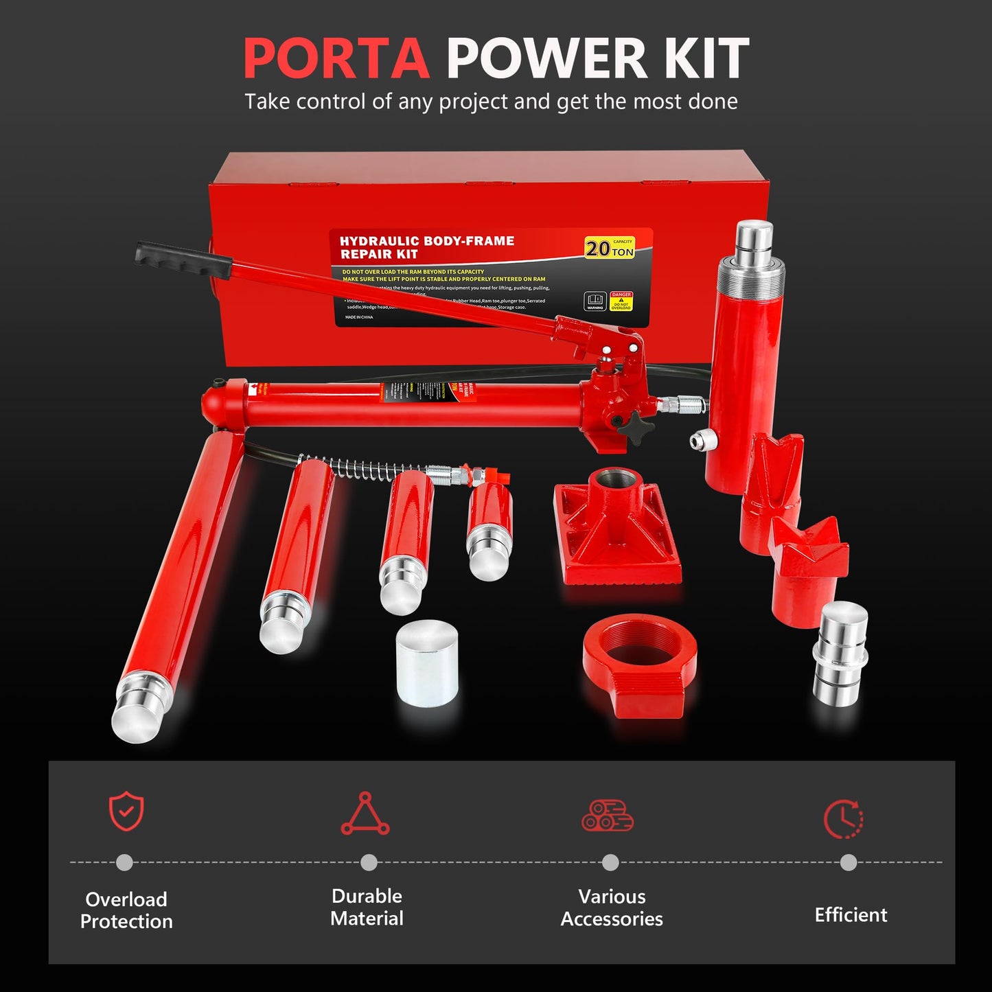 20 Ton Porta Power Kit, Portable Hydraulic Jack with 4.7 ft/1.43 m Oil Hose, 17 Pcs Hydraulic Ram, 44000 Lbs Capacity, Max Lifting Height 5.1" / 130mm, Ram min Height 13" / 330mm