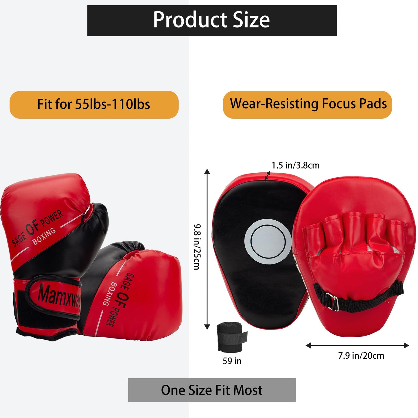 3-in-1 Boxing Gloves and Punching Mitts Set for Kids, Sports Boxing Gloves Pads with Hand Wraps, Kids Boxings Equipment Set for MMA Karate Muay Thai Taekwondo
