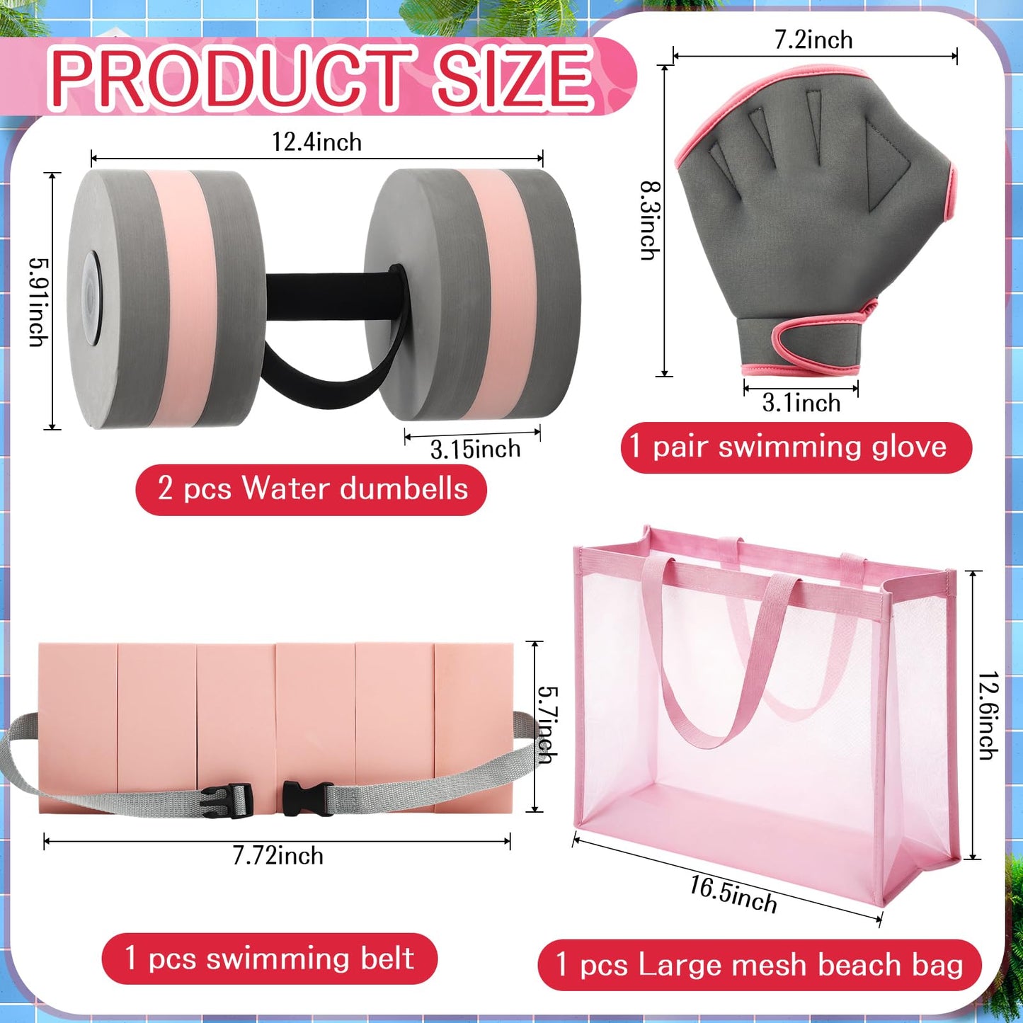 WinnerWhy 6 Pcs Aquatic Exercise Set Water Aerobic Equipment Large Mesh Beach Bag Pool Fitness Equipment Foam Dumbbell with Handle Strip Swimming Belt Gloves for Aquatic Fitness Weight Loss(Pink)