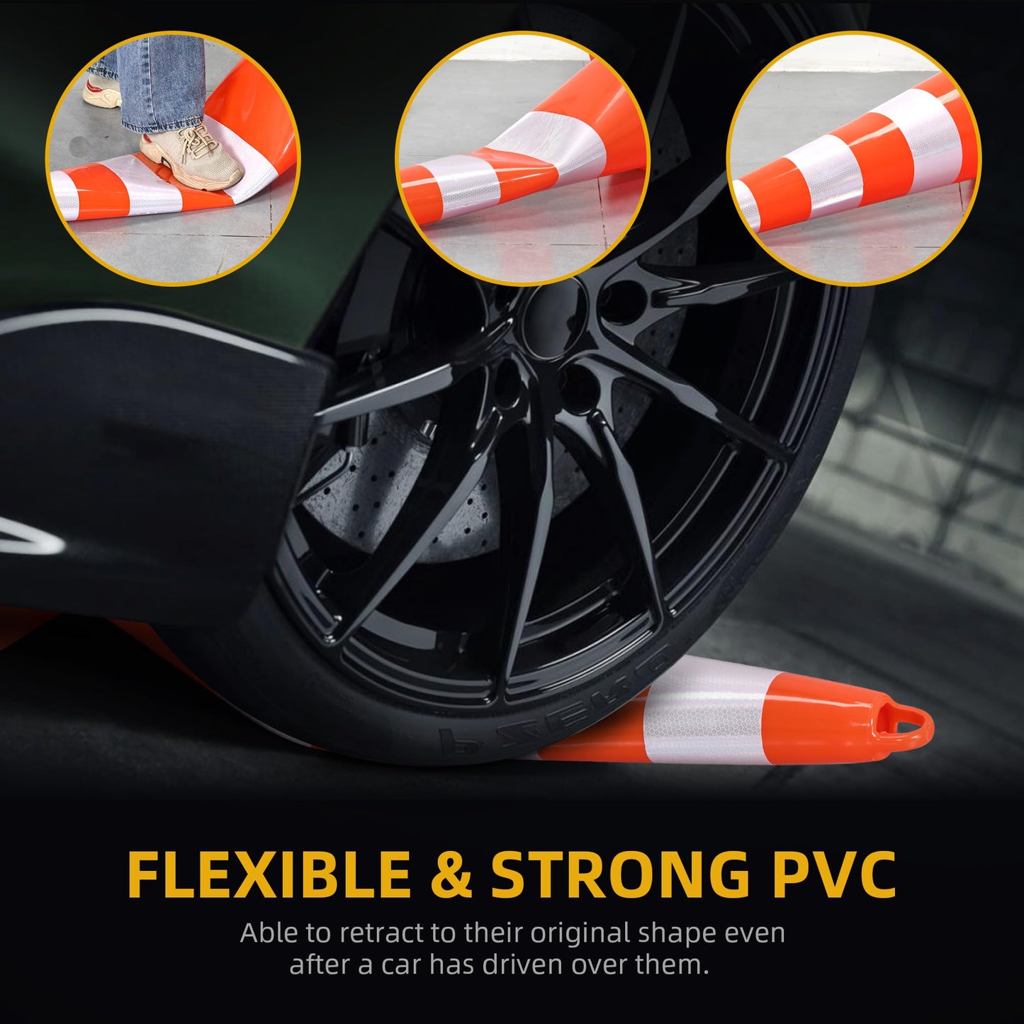 DWVO 12Pack 28in Traffic Cones with 36FT Chain, Safety Road Parking Cones PVC Base, Orange Traffic Cone with Reflective Collars, Hazard Construction Cones for Home Traffic Parking Road