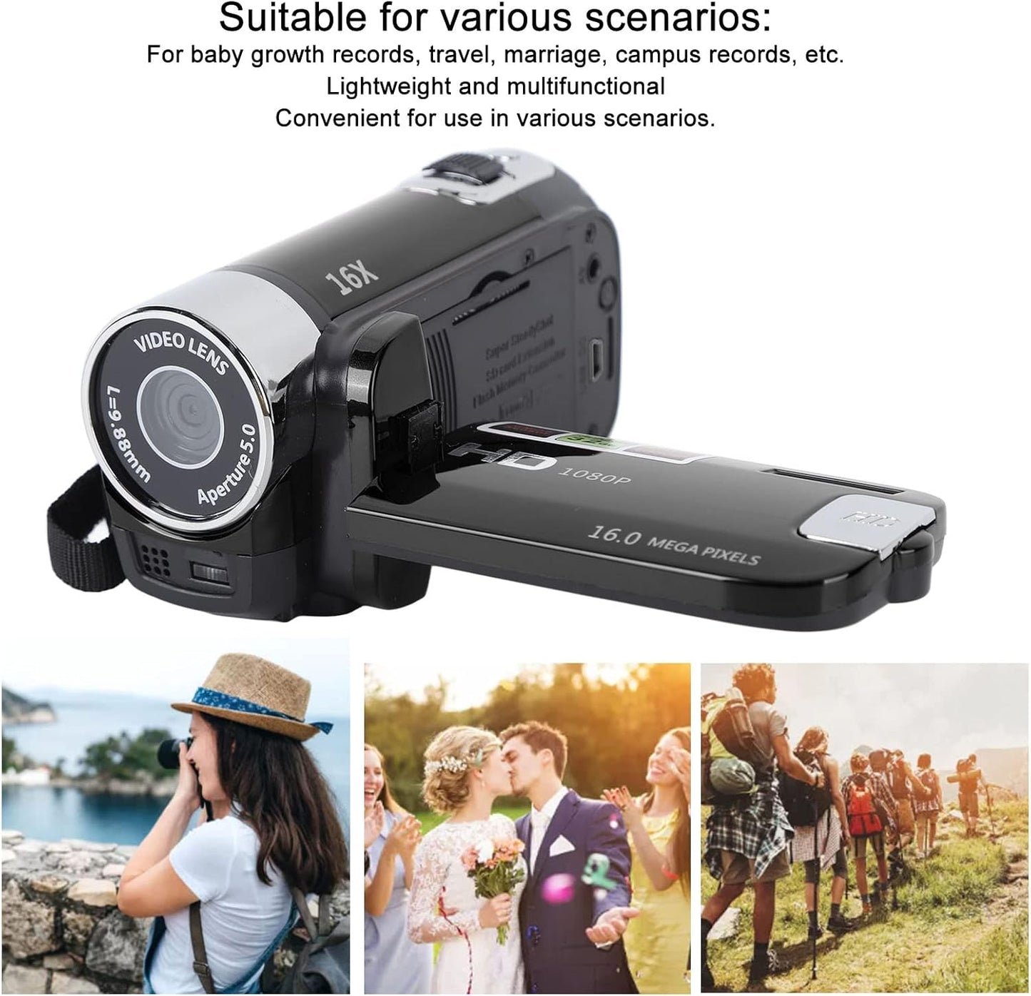 ciciglow 1080P 16MP 16x 2.7in Handheld Video Camcorder, Camera Digital Zoom Video Camera with TFT Rotatable Screen