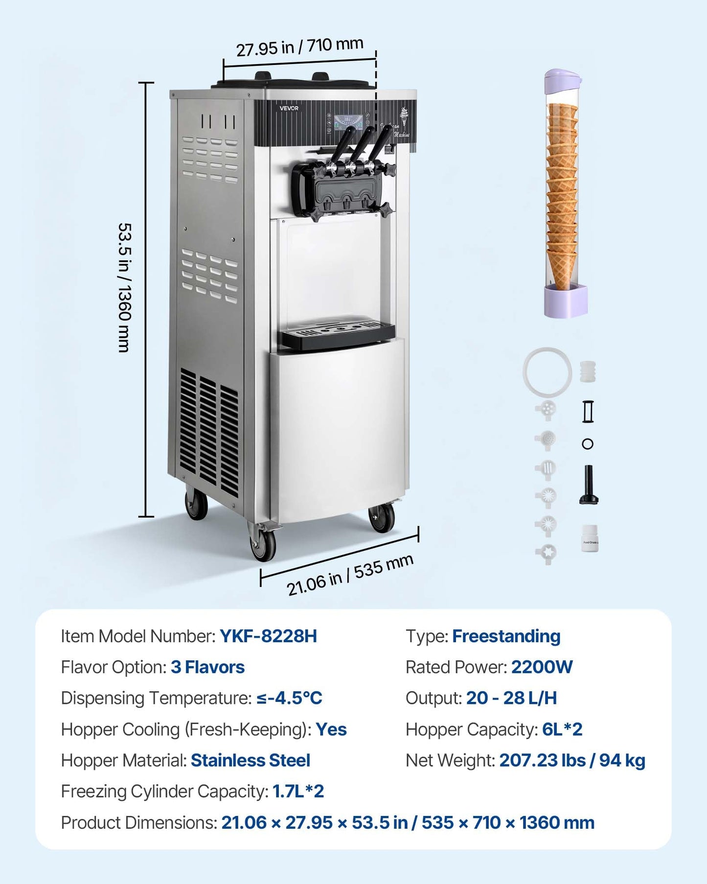 VEVOR Commercial Ice Cream Machine, 20-28L/H Yield, 2200W 3-Flavor Freestanding Soft Serve Ice Cream Maker with 2 x 6L Hoppers & Hopper Agitation, Pre-Cooling Self-Cleaning for Snack Dessert Shops