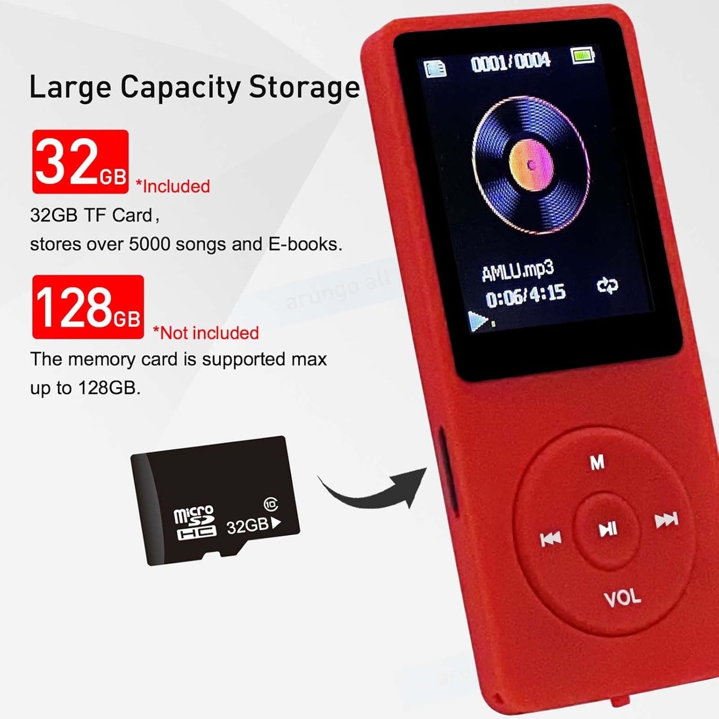 arungo MP3 32GB 128GB Player with Speaker Earphones Portable Music Player for Kids Support FM Radio Voice Recorder