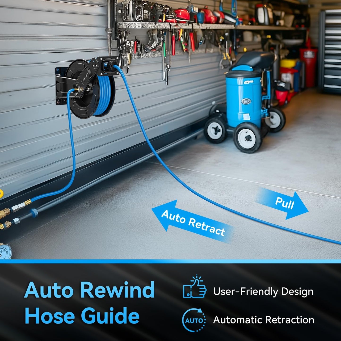 Retractable Air Hose Reel, 65ft x 3/8in Hybrid Air Hose (300PSI), Heavy Duty Compressor Hose Reel, Auto Rewind - Wall/Ceiling Mount for Workshops