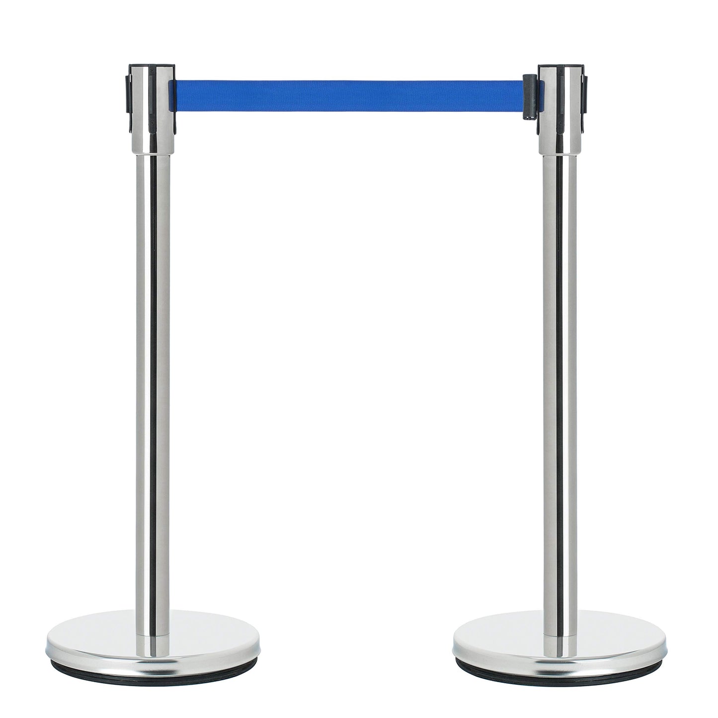 DuraSteel Crowd Control Barriers Line Dividers - Silver Stanchion Stainless Steel Posts with 6.5ft Blue Retractable Belt Ropes - for Store Queues, Airport Lines, Event Entries - 2 Set/Pack