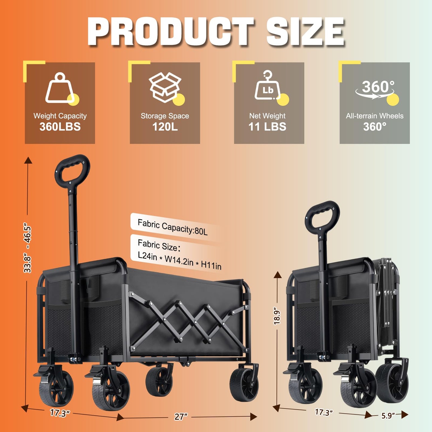 360lbs Foldable Wagon Cart Collapsible - Heavy Duty All-Terrain Portable Lightweight Folding Utility Carts with Wheels, Large Capacity Portable Grocery & Beach Trolley for Shopping, Camping and Sports