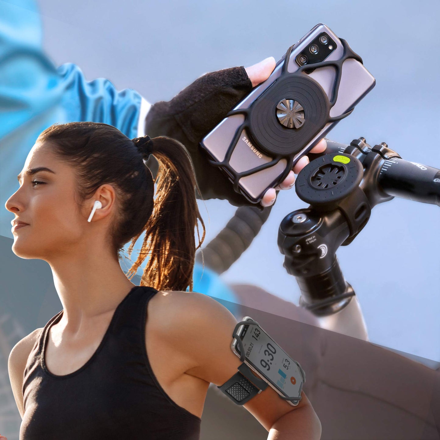 Bone Run + Bike Tie Connect Kit 1, 2-in-1 Running & Bike Phone Holder, Detachable & Rotatable 360° Sport Armband & Phone Mount Compatible with Most Smartphones (Stem/Armband 2-in-1 Connection Kit)