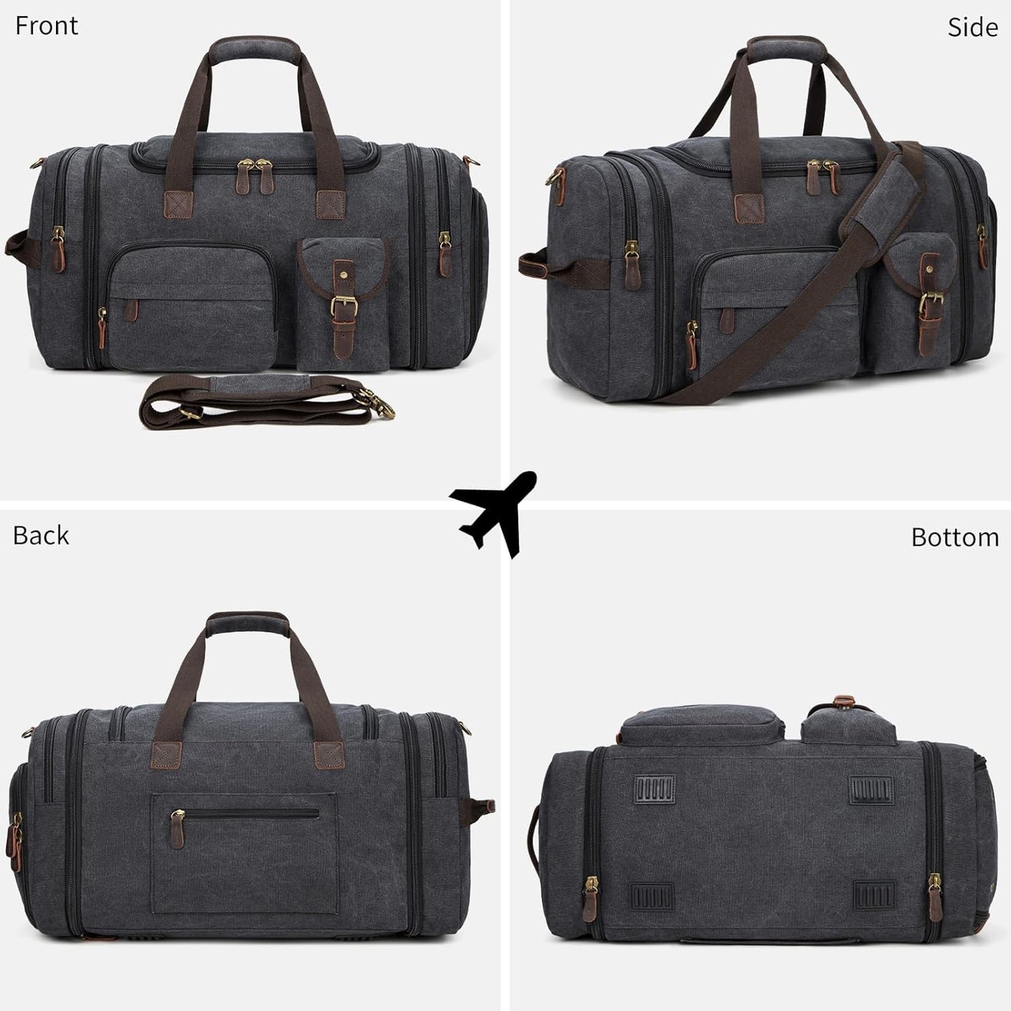 Mens Duffle Bag for Travel 60L Expandable Canvas Weekender Overnight Travel Duffel Bag with Shoe Compartment Carry-On for Airplanes Dark Gray
