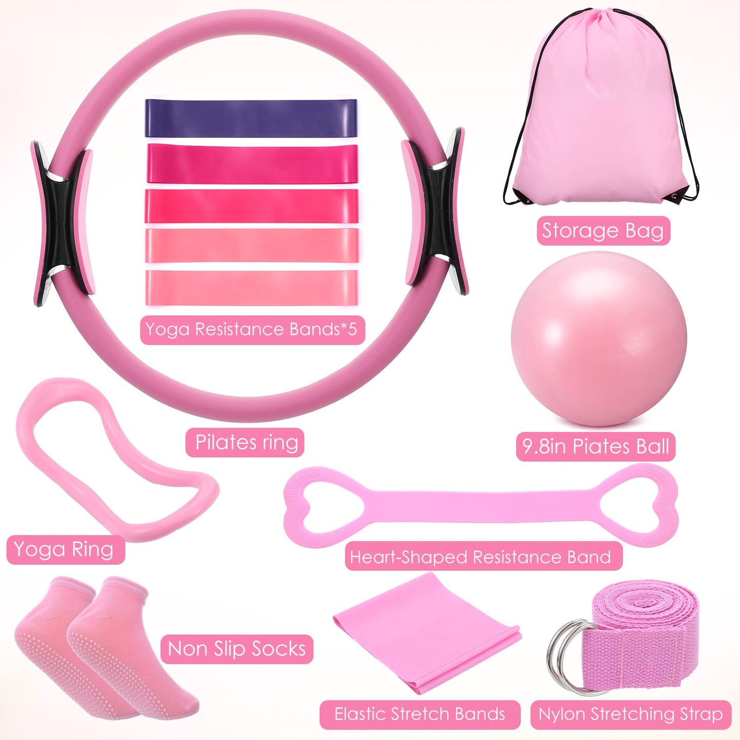 MSHHDK Workouts Pilates Equipment Set Pilates Kit for Home with Ring and Ball Resistance Bands Yoga Strap Socks Bag Guide Pilate Essentials Kit for Women Gym Home Starter Pilate Workout Kits