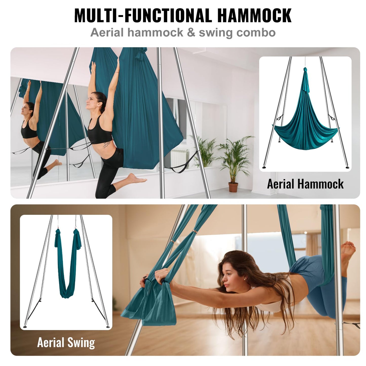 VEVOR Yoga Swing Stand & Hammock, 9.67 ft Tall, Professional Aerial Yoga Setup with 6.6 Yards Swing, Supports Up to 551.15 lbs, Ideal for Both Indoor and Outdoor Use, Green