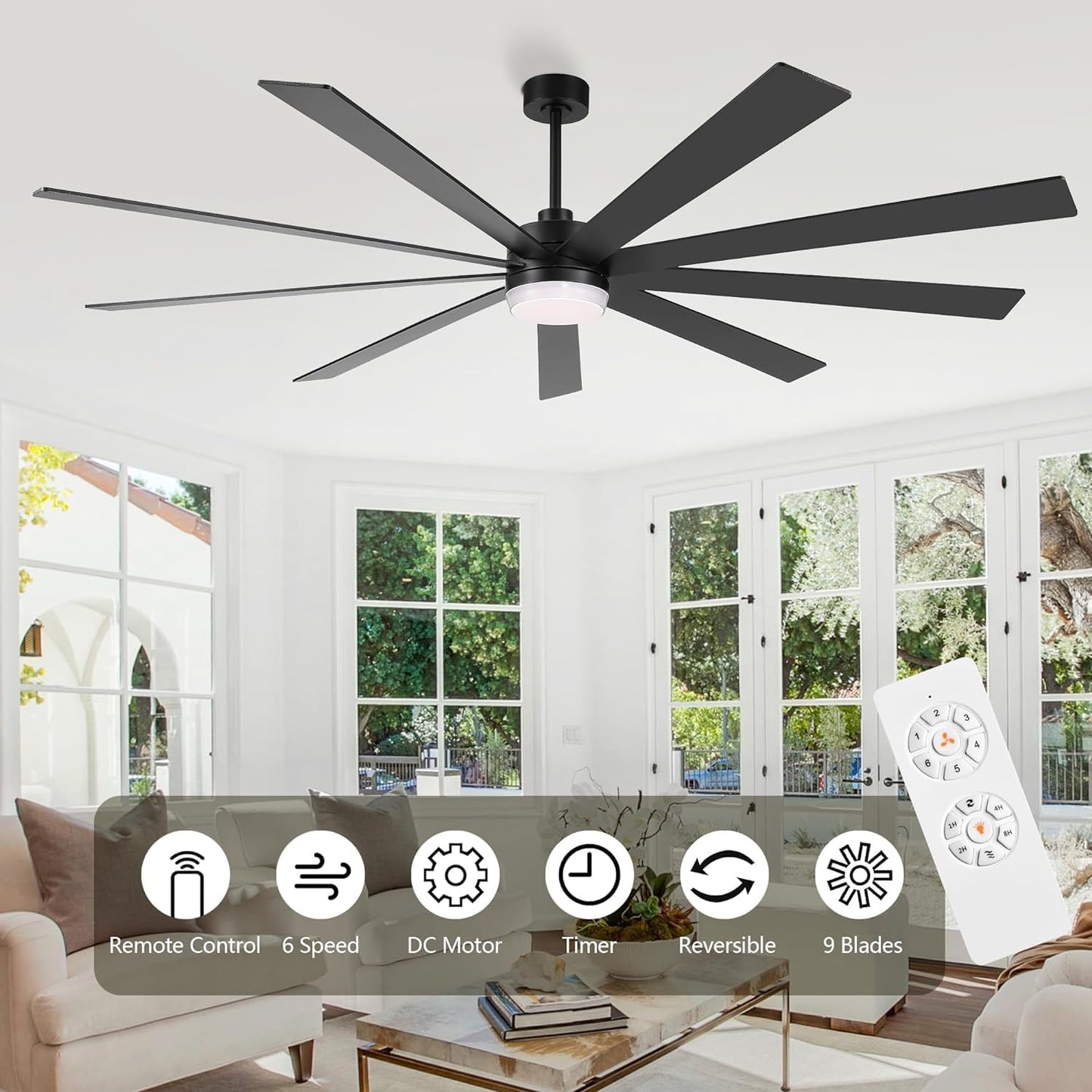 LEDLUX 84" Ceiling Fan with Light, 6-Speed Remote Control, Reversible DC Motor, Modern 9 Plywood Blades Black with 4.5"/12"/24" Downrods for Home or Commercial, Living Room/Restaurant