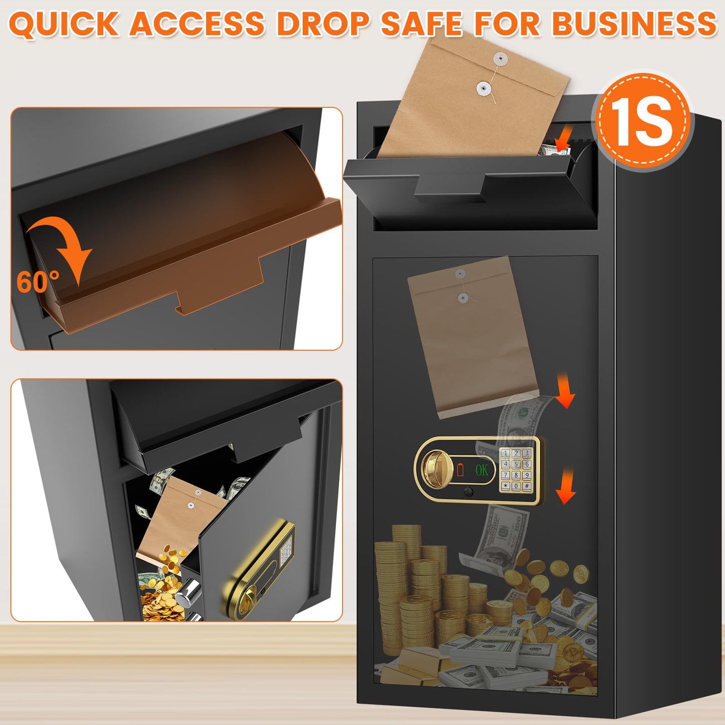 31.5"H Large Drop Safe Box for Business, Anti-Theft Depository Safe with Drop Slot, Digital Keypad, Spare Key and Removable Shelf, Heavy-duty Commercial Safes for Business Cash Documents Home