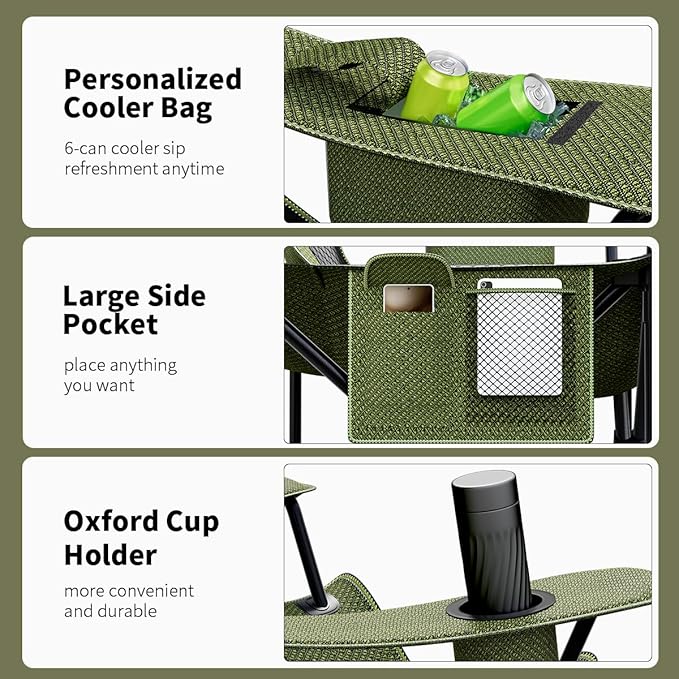 Heavy Duty Folding Chair 500LB Capacity, Oversized Camping Chairs with Cup Holder, Cooler Bag & Storage Pouch, Double-Layer Fabric, Outdoor Chairs for Sports, Lawn Chairs (1, Black Green, Extra Large)