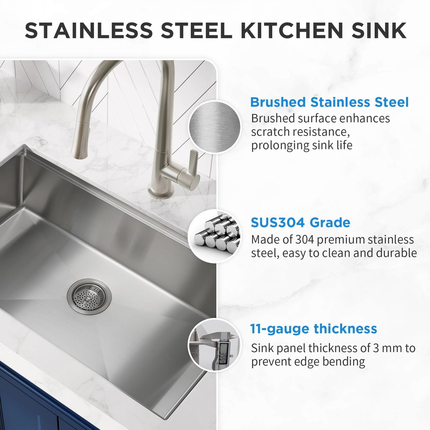 SANYCASA 30 Inch Undermount Kitchen Sink Superior Drain Kitchen Sinks 11 Gauge (3mm) Stainless Steel, Single Bowl Integrated Ledge Multifunctional Workstation Set -
