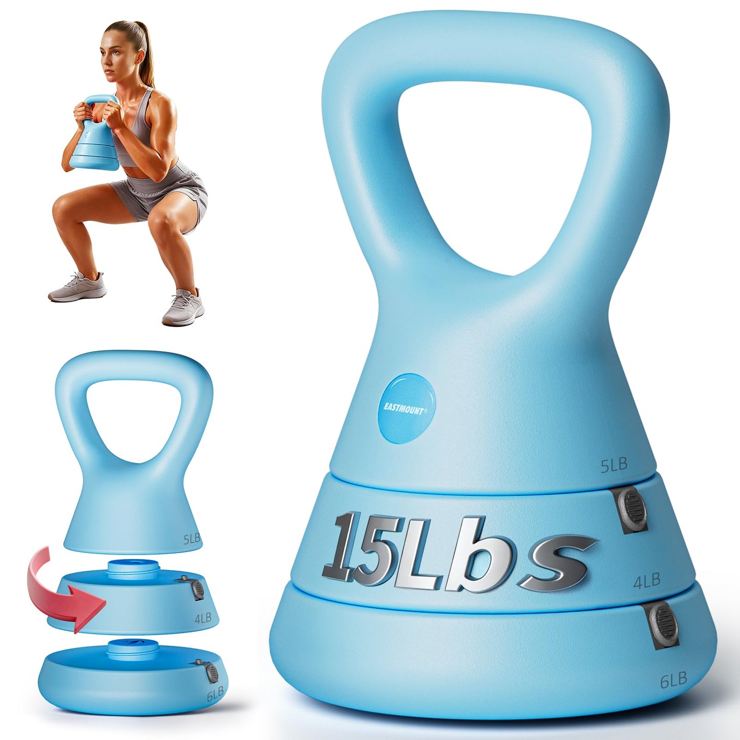 EAST MOUNT 15LB Adjustable Kettlebell Set – 3-in-1 (5/9/15 LB), Compact Adjustable Weights, Wide Triangle Handle and Wrist-Friendly Design for Home Gym, Full-Body Workouts and Strength Training, Blue
