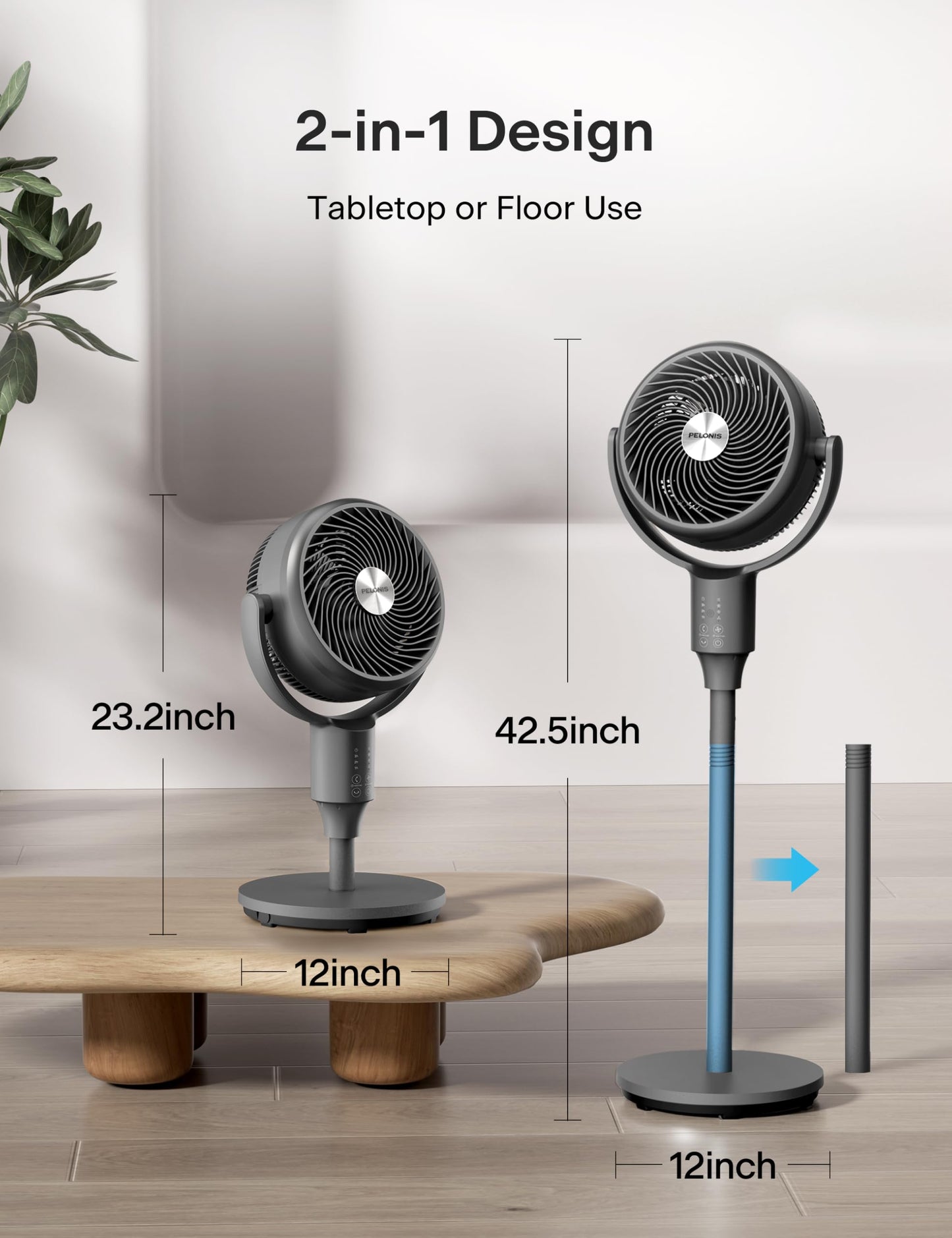 PELONIS Pedestal Fan, Air Circulator, Ultra OmniFlow (135°+90°Auto Oscillation), Quiet Floor Fan with 3 Speeds, Remote, 7H Timer, Memory Function, Adjustable Height, Standing Fan for Bedroom