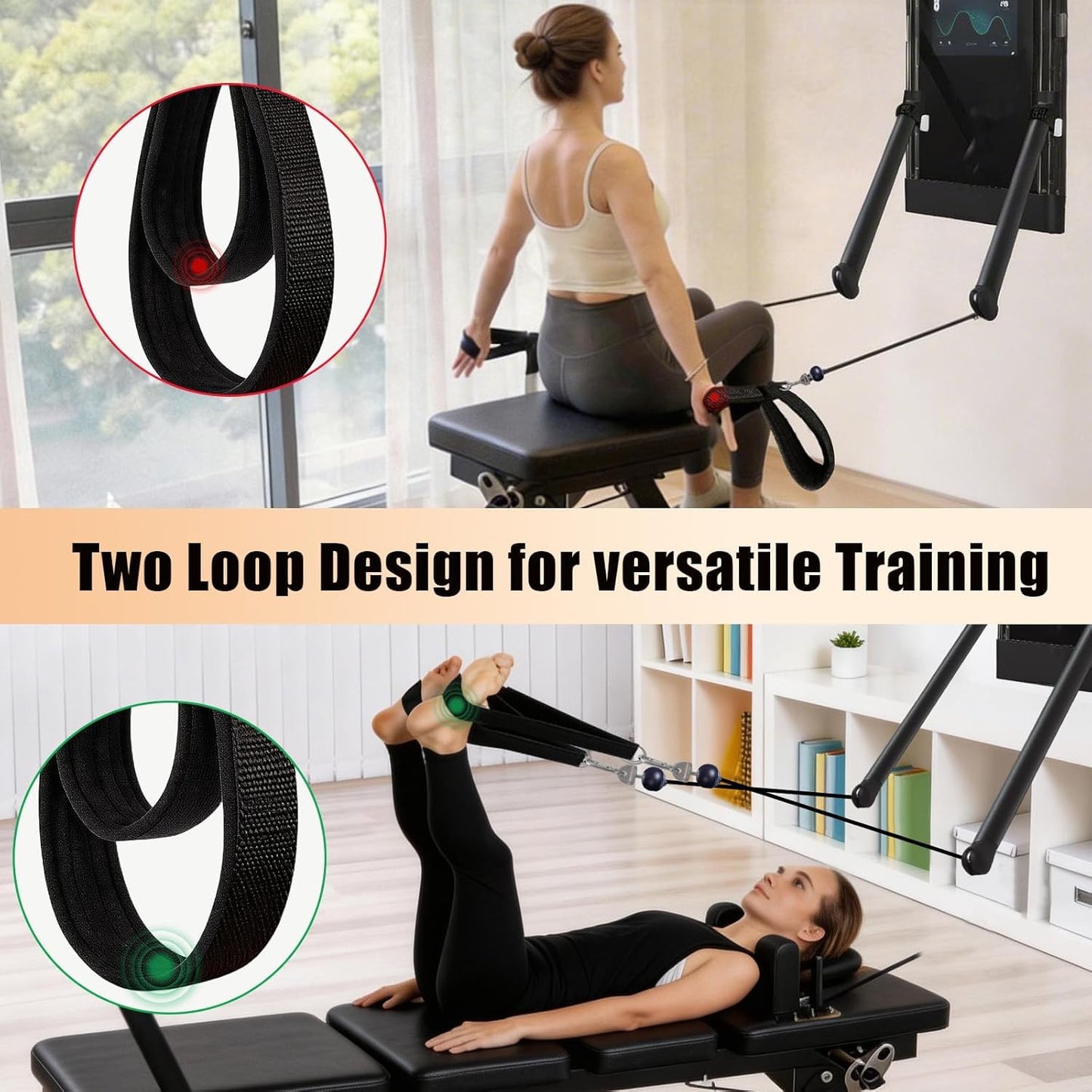 Pilates Loops Compatible with Tonal Machine, Double Loop Soft Lined Pilates Straps with T Lock Adapter, W/Snap Hooks, D-Ring Straps for Home Gym, Yoga, and Strength Training