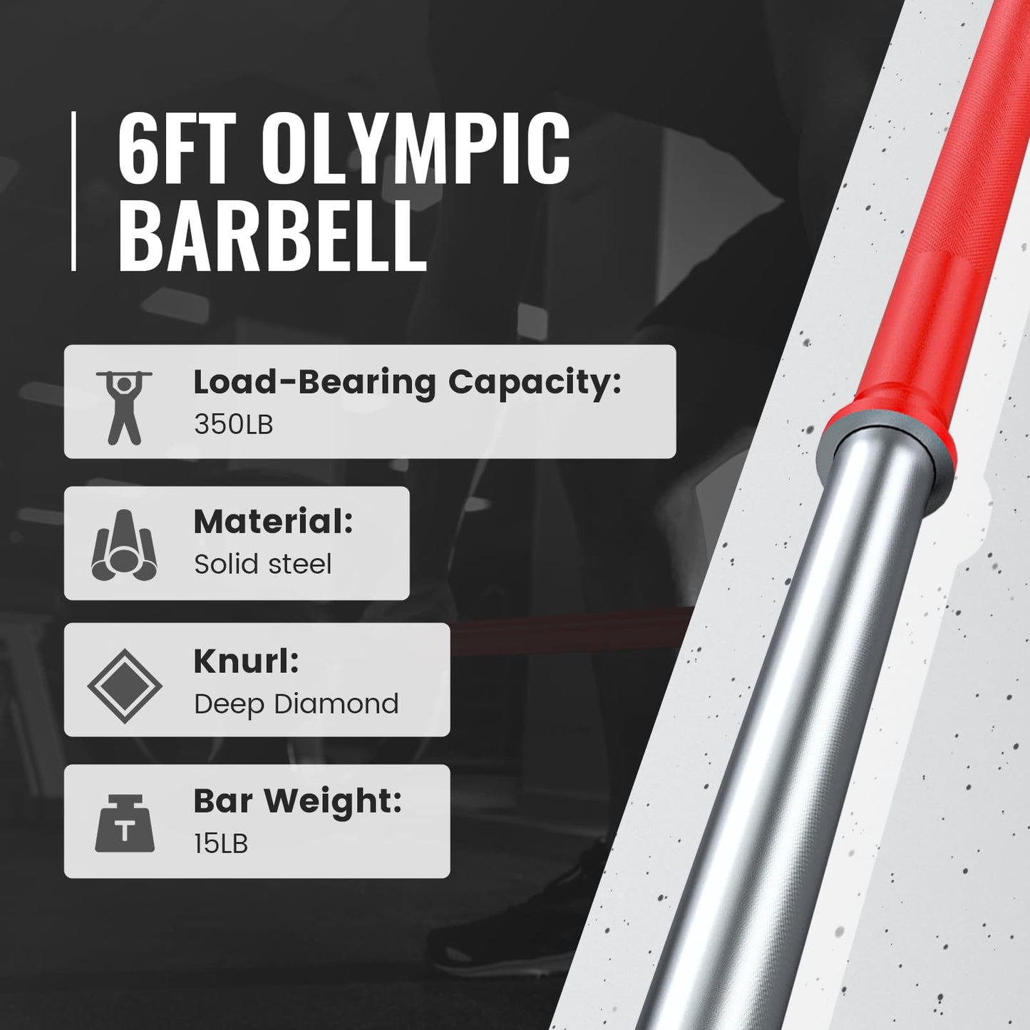 TECHNOAGE 6FT Olympic Barbell for Strength and Weightlifting Training, 1 Inch Olympic Bar Barbell for Squat, Curl, Deadlift, Bench Press, Overhead Press, Hip Thrust, 350LBS Capacity(Red&Silver)